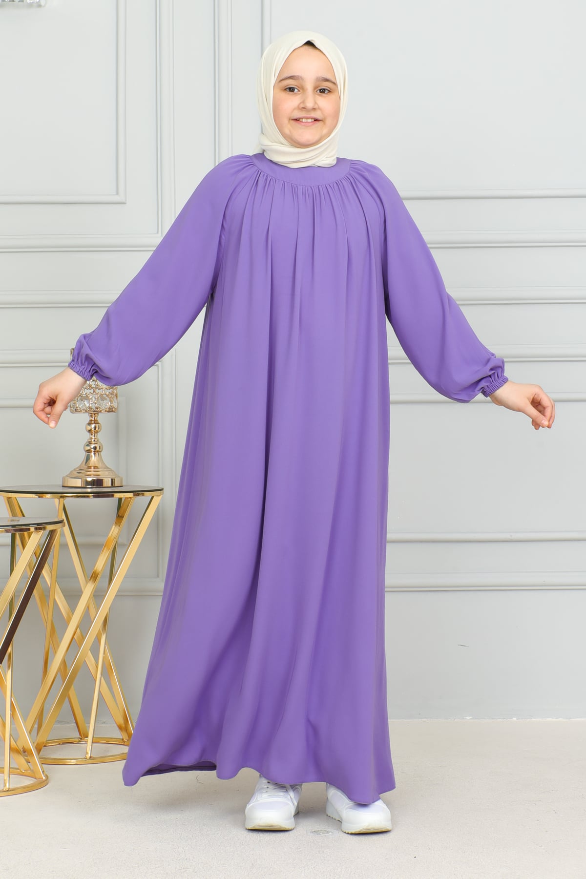 Reglan Kol Büzgülü Çocuk Elbise 4004 & mor