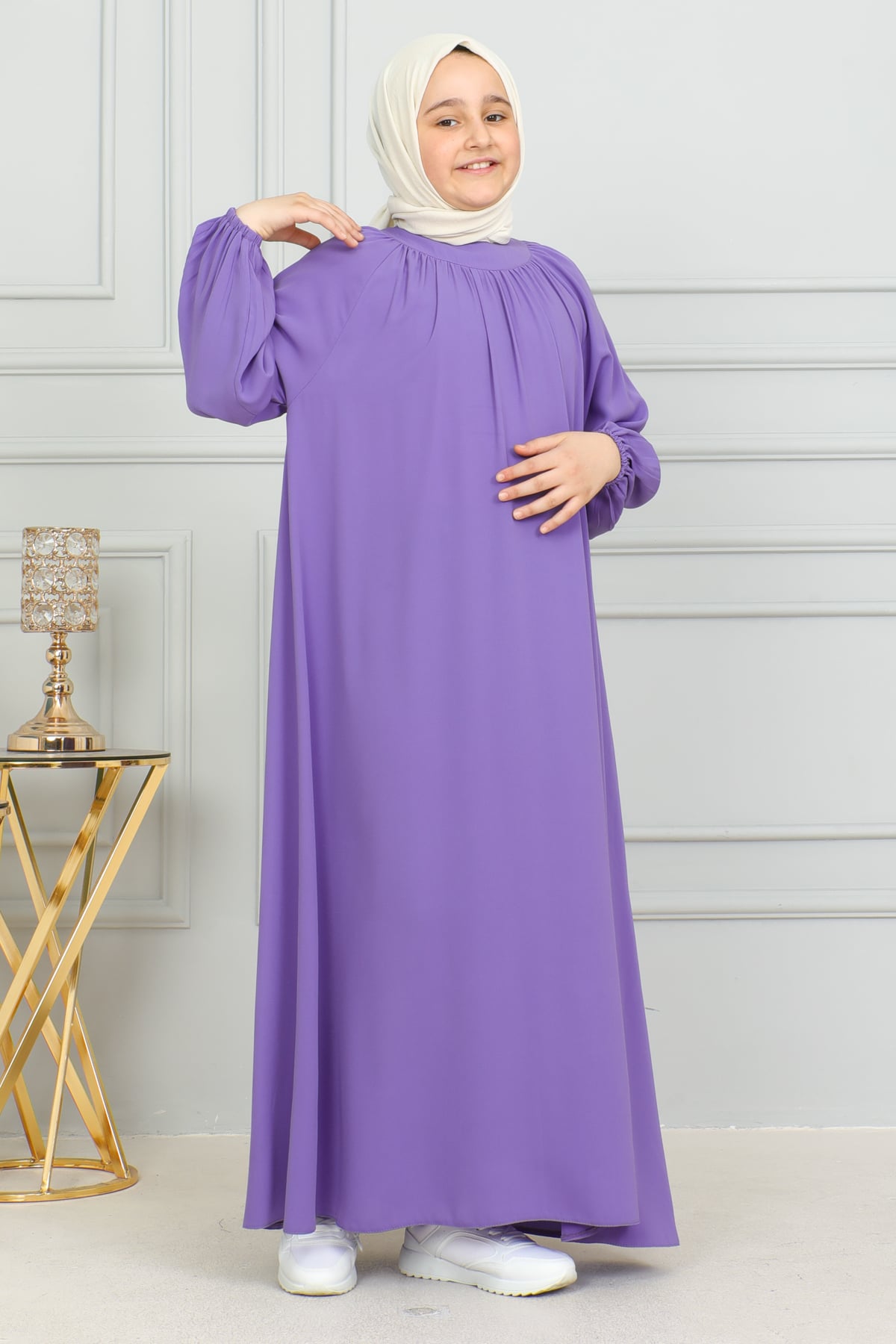 Reglan Kol Büzgülü Çocuk Elbise 4004 & mor