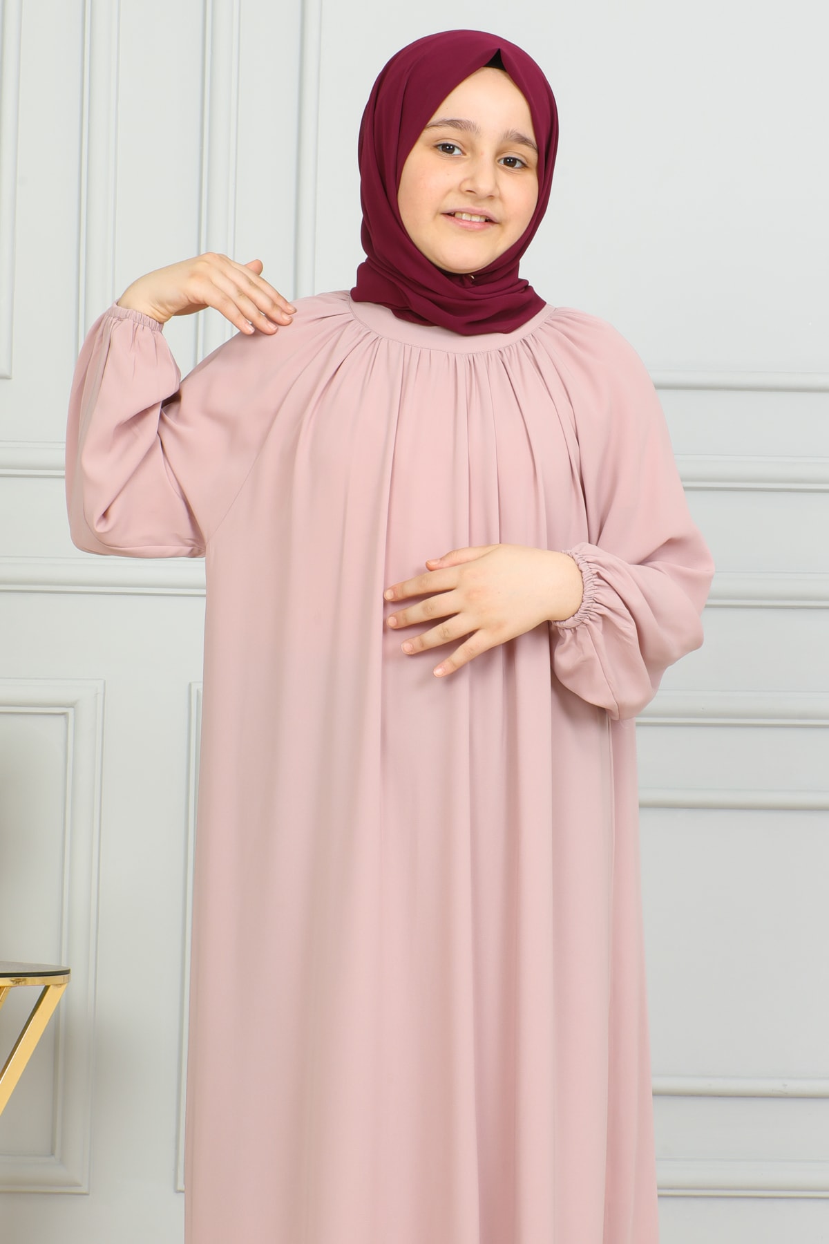 Reglan Kol Büzgülü Çocuk Elbise 4004 & pudra
