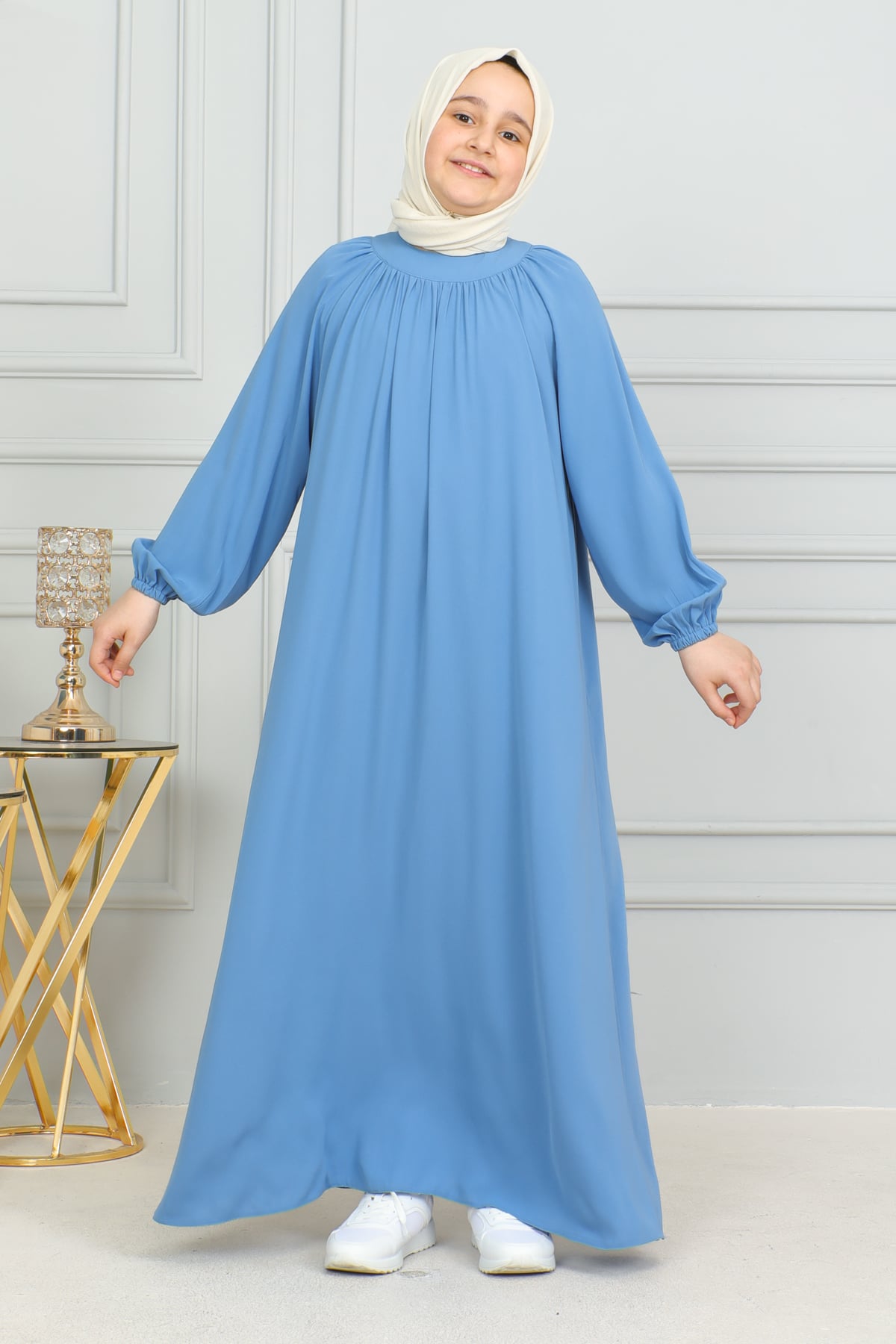 Reglan Kol Büzgülü Çocuk Elbise 4004 & mavi