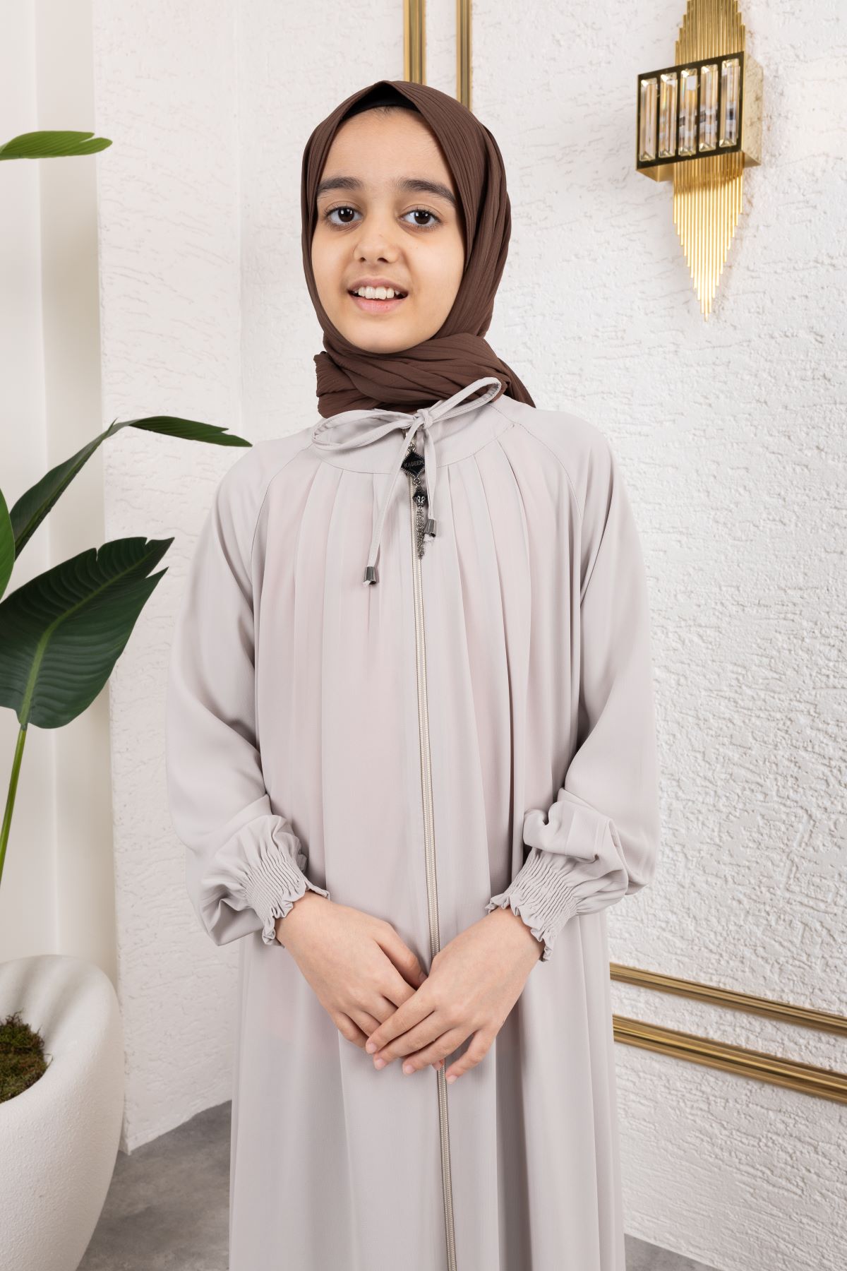 Bağcıklı Pileli Çocuk Ferace 4007 & Bej