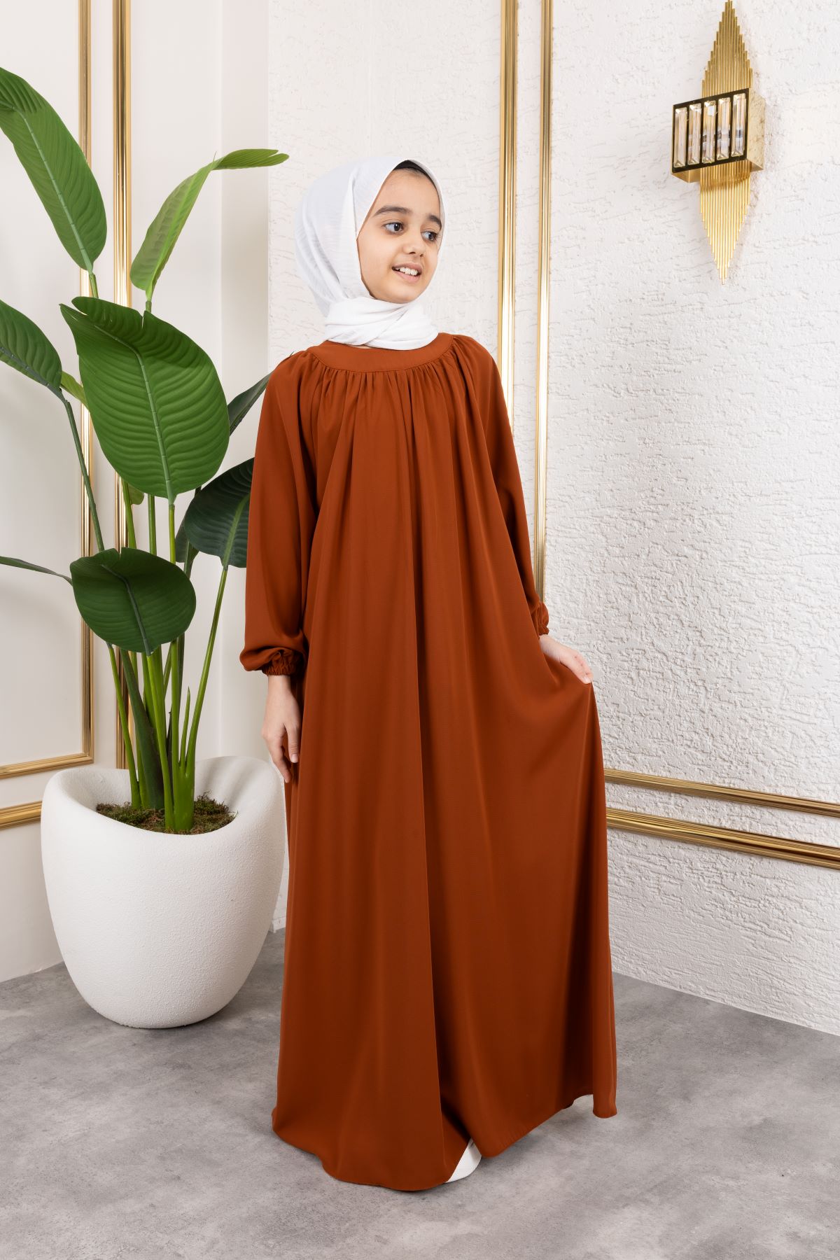 Reglan Kol Büzgülü Çocuk Elbise 4004 & Kiremit
