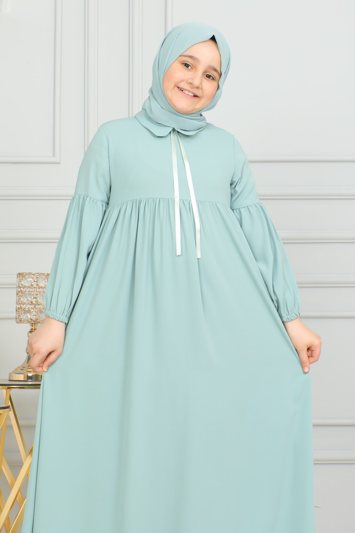 Bebe Yaka Büzgülü Çocuk Elbise 4006 & Mint yeşili