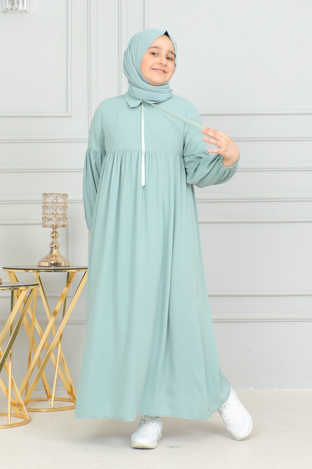 Bebe Yaka Büzgülü Çocuk Elbise 4006 & Mint yeşili