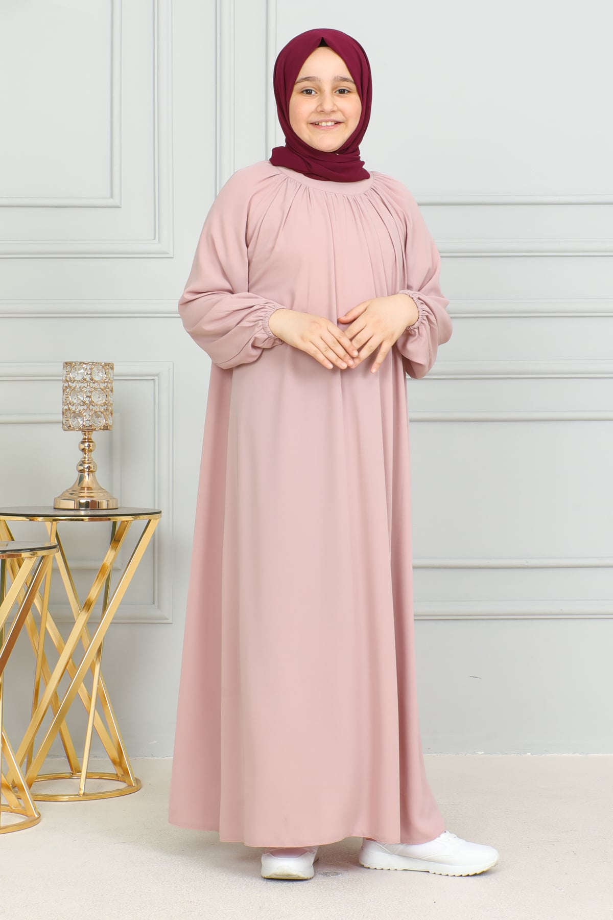 Reglan Kol Büzgülü Çocuk Elbise 4004 & pudra