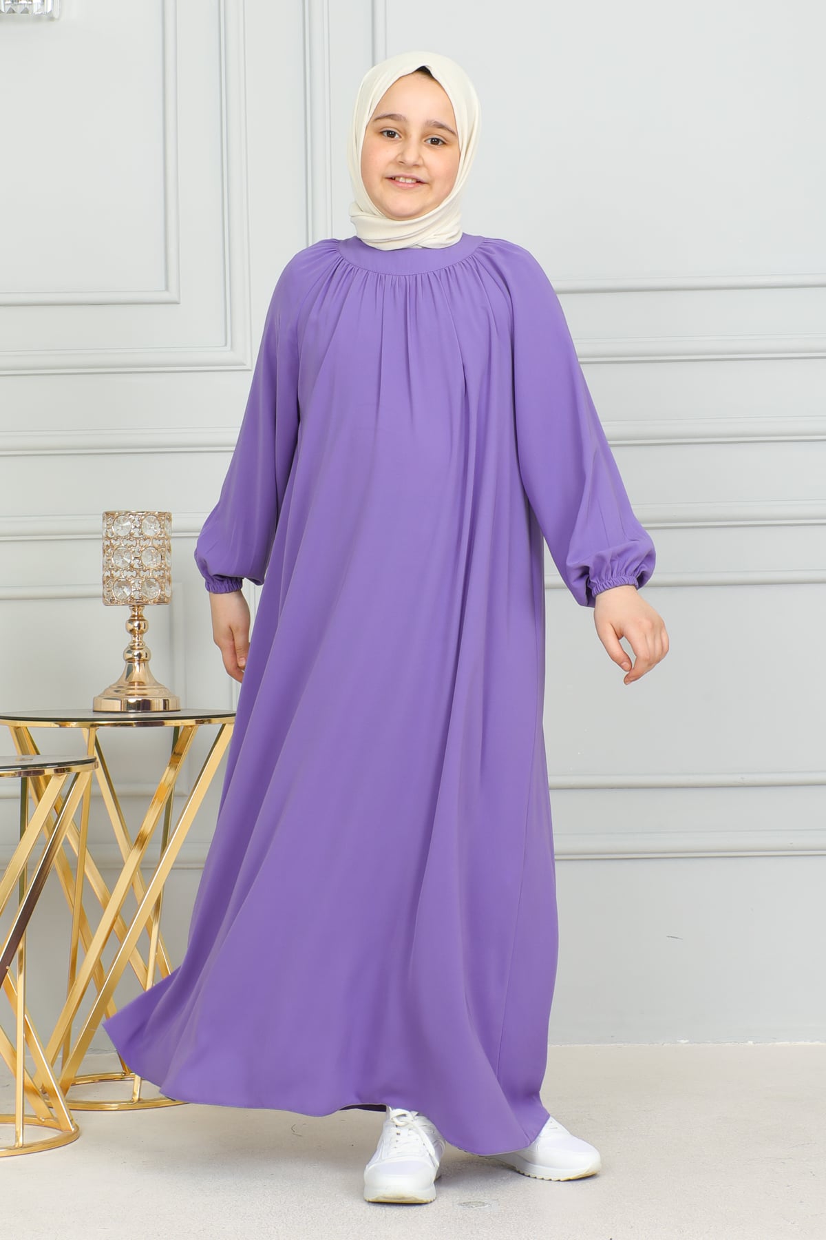 Reglan Kol Büzgülü Çocuk Elbise 4004 & mor