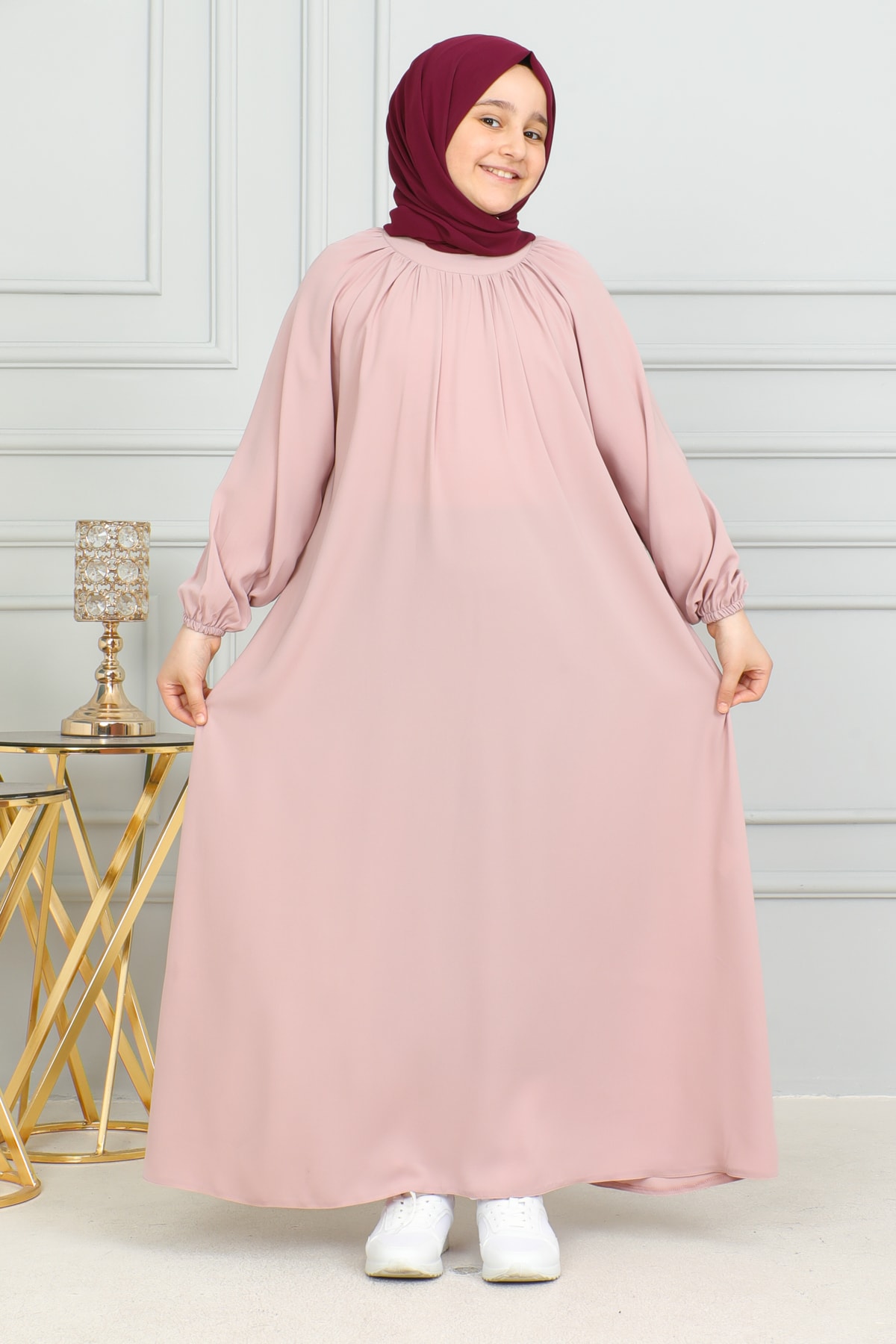 Reglan Kol Büzgülü Çocuk Elbise 4004 & pudra