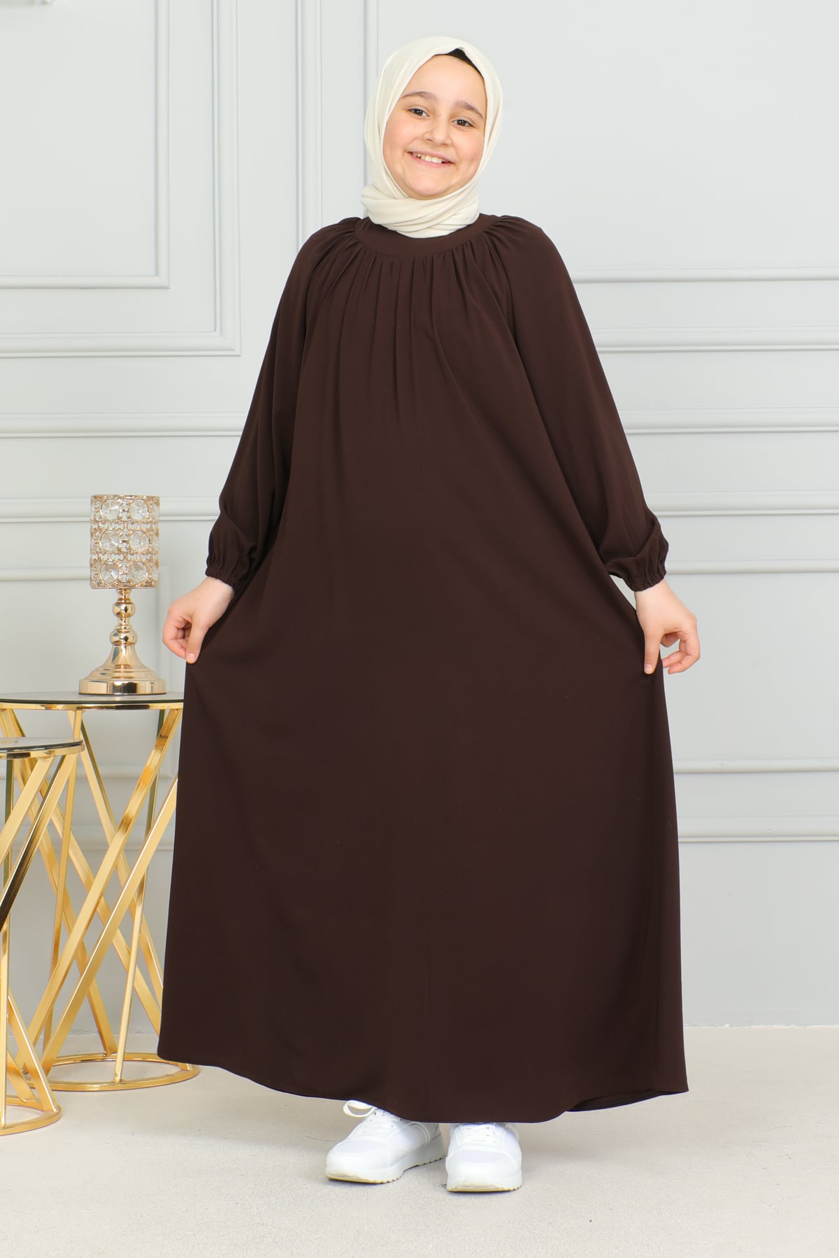 Reglan Kol Büzgülü Çocuk Elbise 4004 & Kahverengi