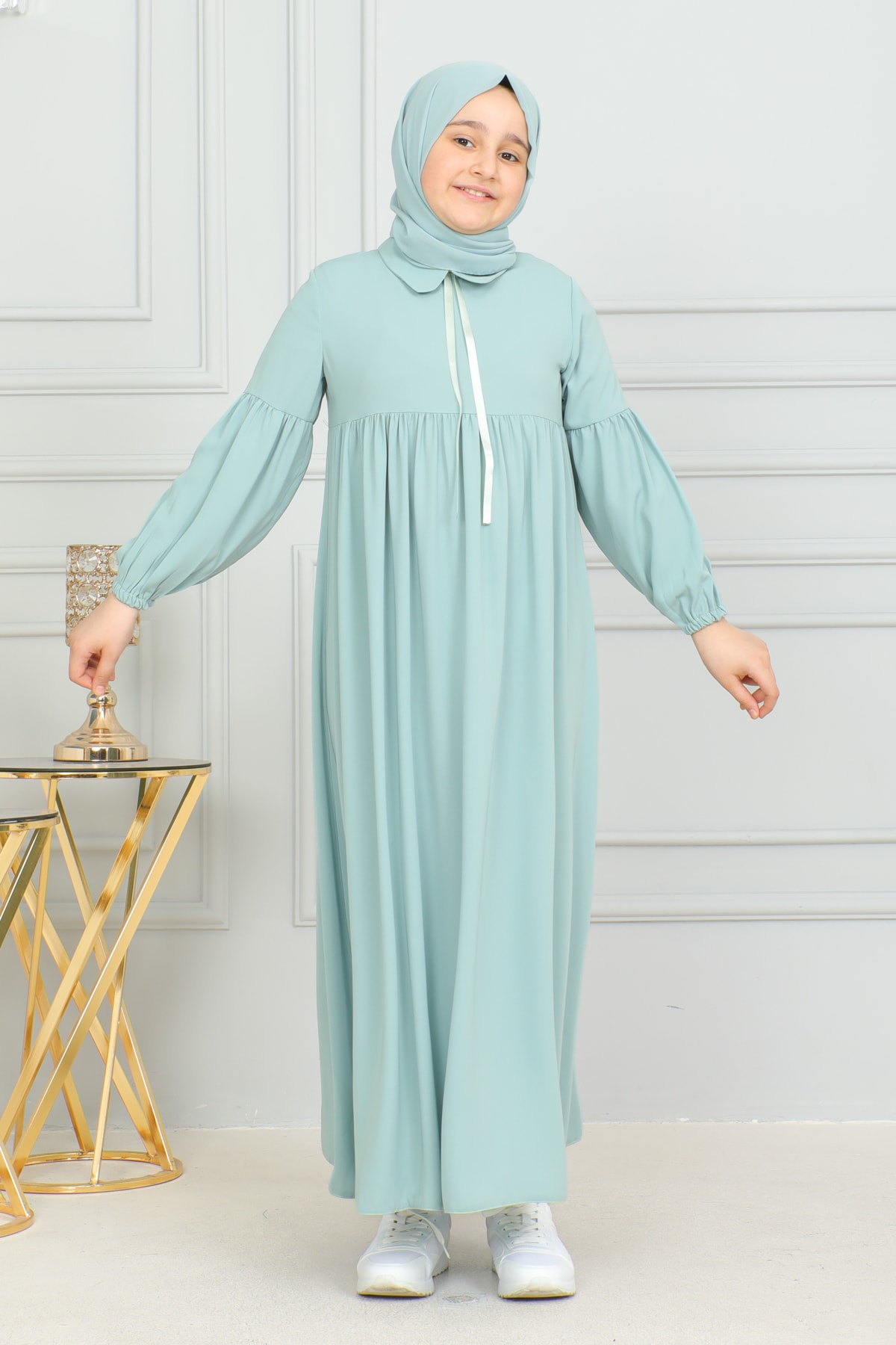 Bebe Yaka Büzgülü Çocuk Elbise 4006 & Mint yeşili
