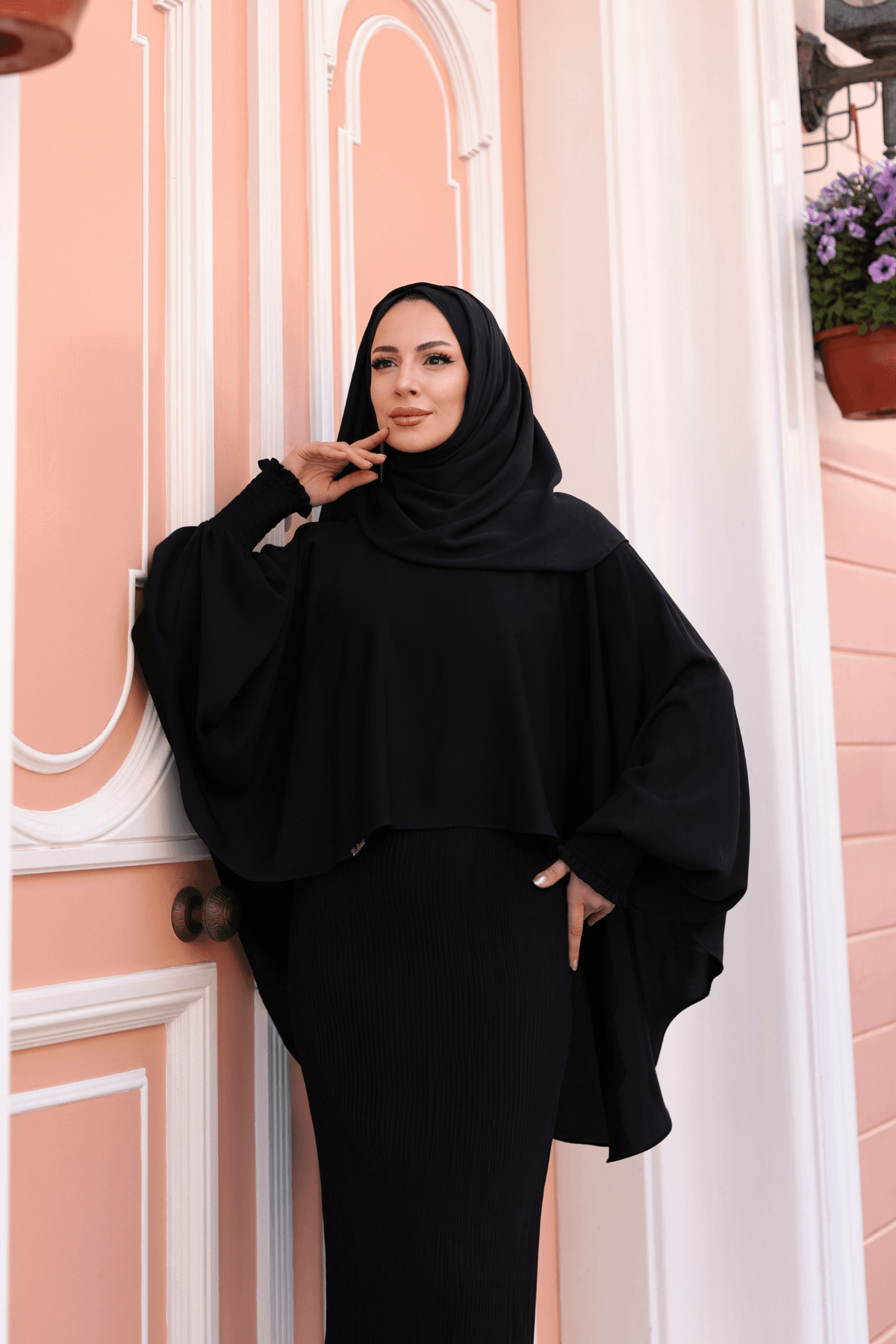 Elagant Dubai İpeği Pelerın Takım & Siyah