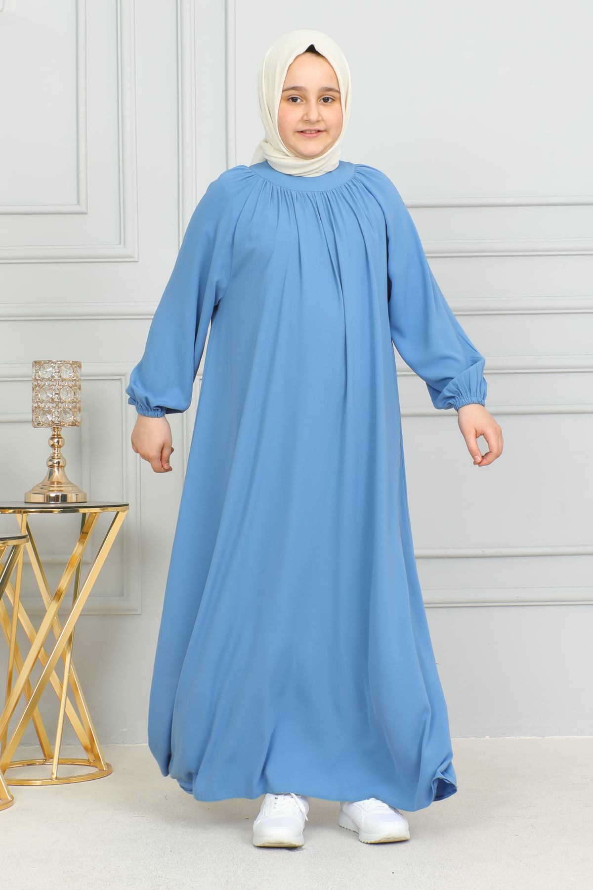 Reglan Kol Büzgülü Çocuk Elbise 4004 & mavi