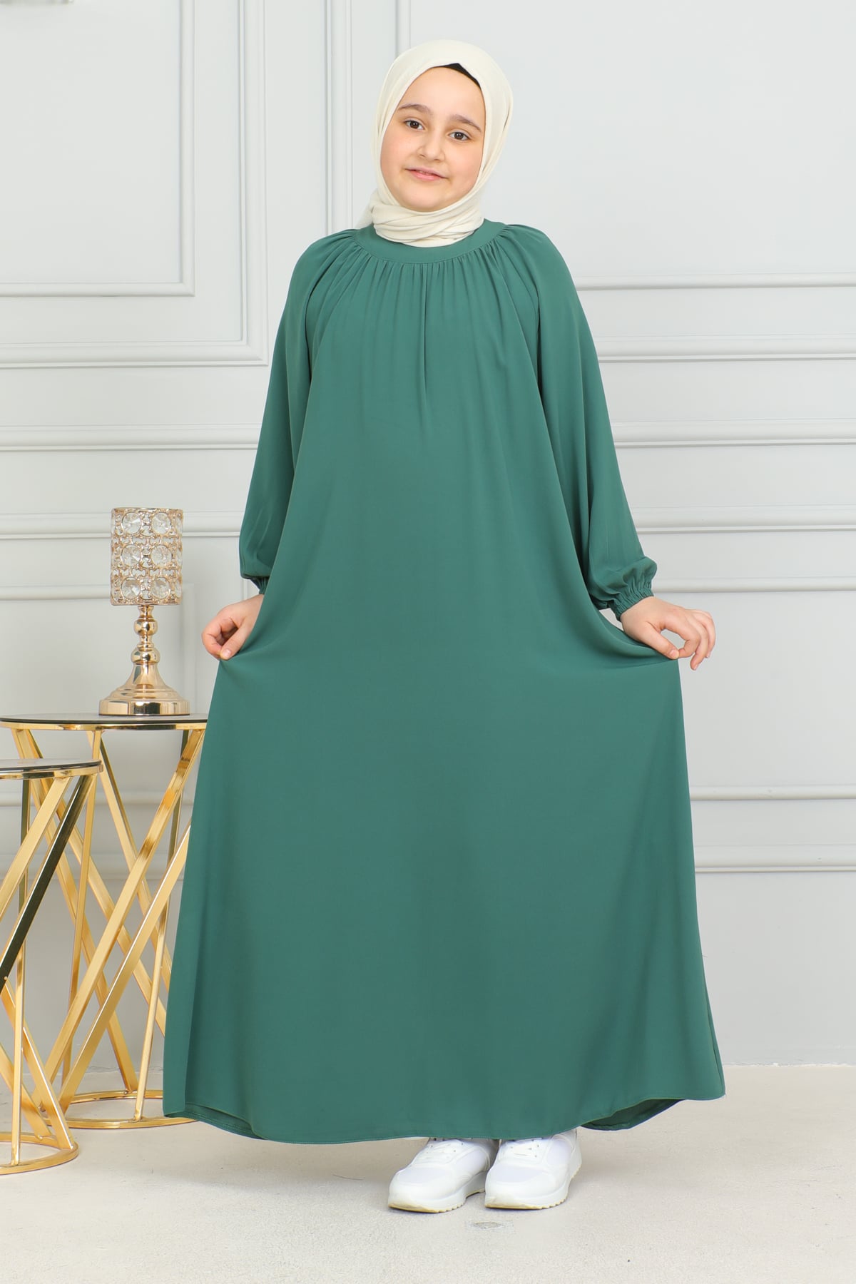 Reglan Kol Büzgülü Çocuk Elbise & Yeşil