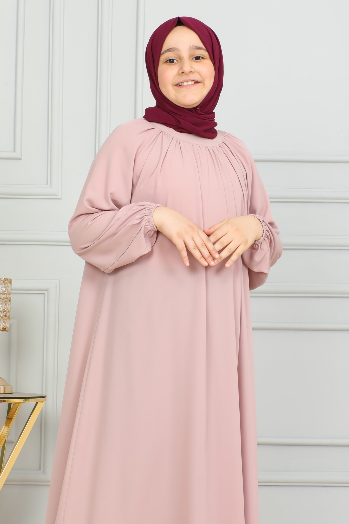 Reglan Kol Büzgülü Çocuk Elbise 4004 & pudra