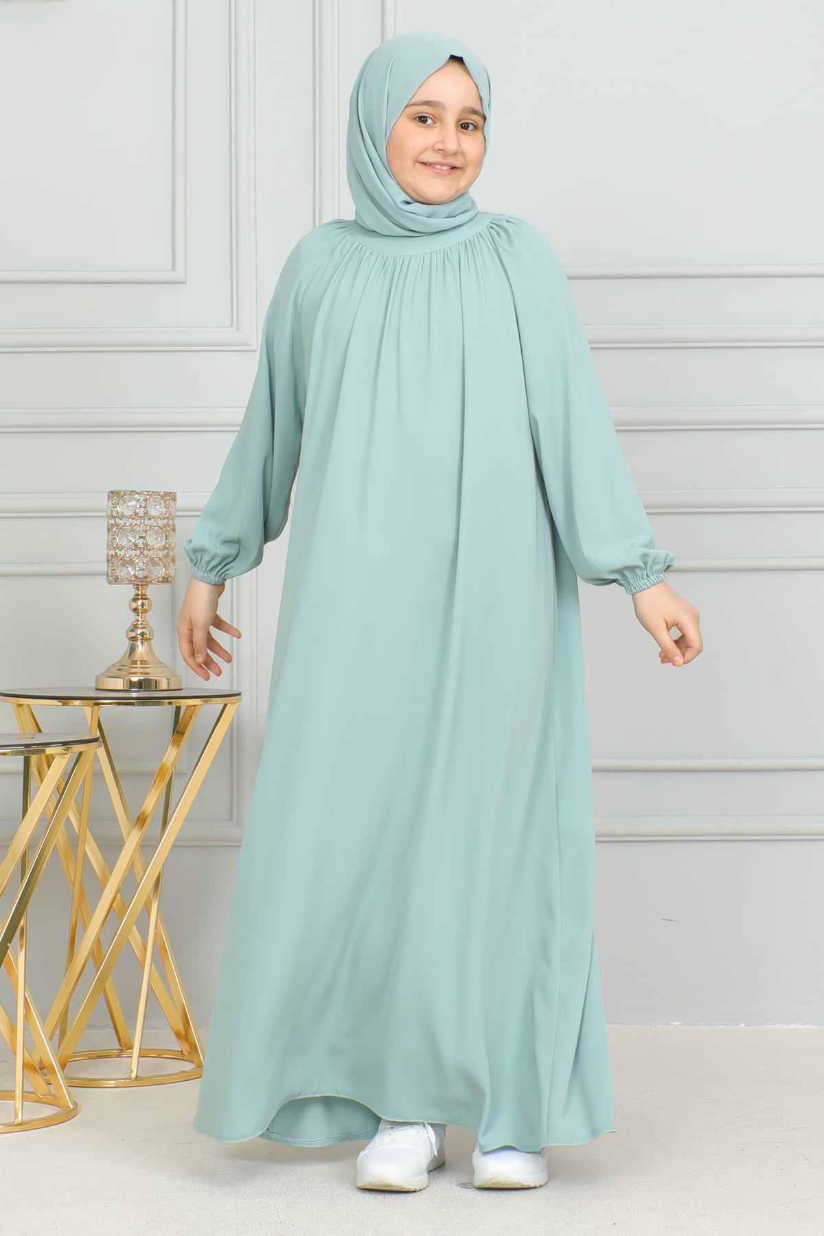 Reglan Kol Büzgülü Çocuk Elbise 4004 & Mint yeşili