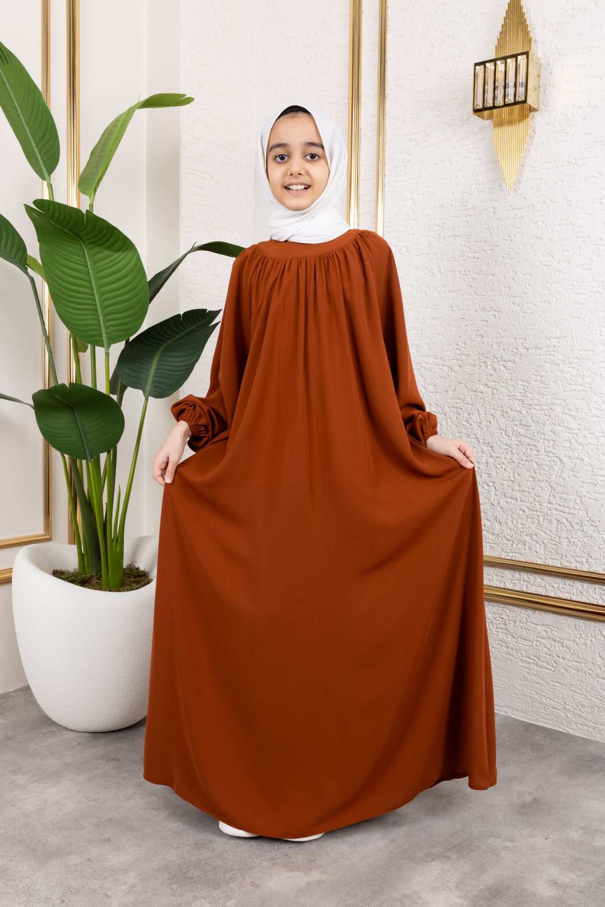 Reglan Kol Büzgülü Çocuk Elbise 4004 & Kiremit