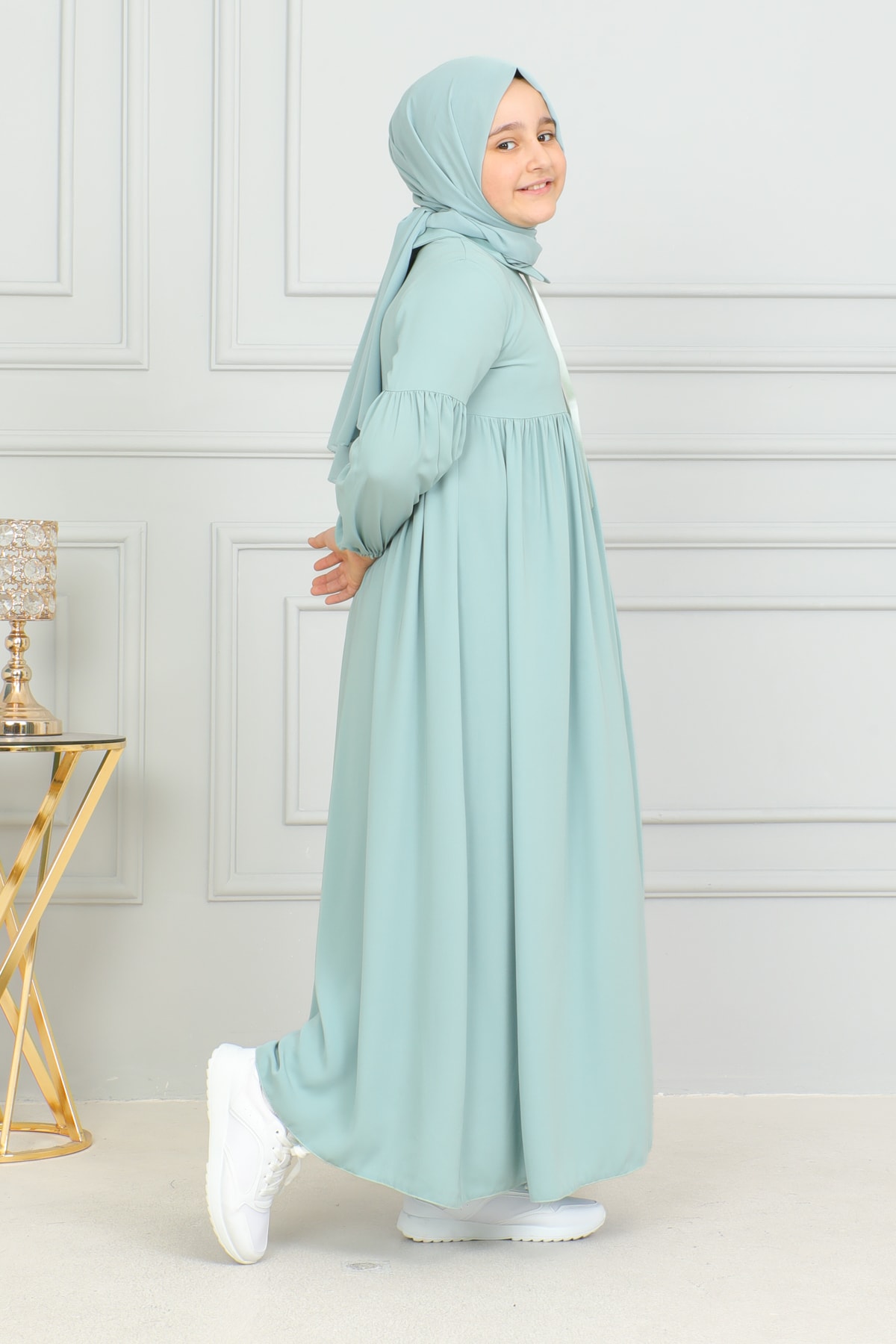 Bebe Yaka Büzgülü Çocuk Elbise 4006 & Mint yeşili