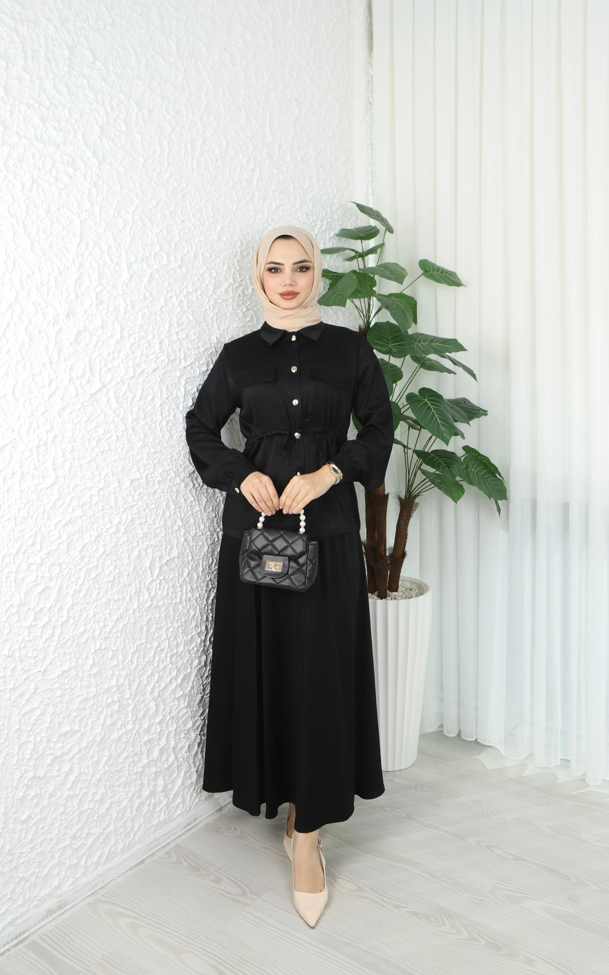 Beli Bağlamalı Etekli Krinkıl Astarlı Takım 