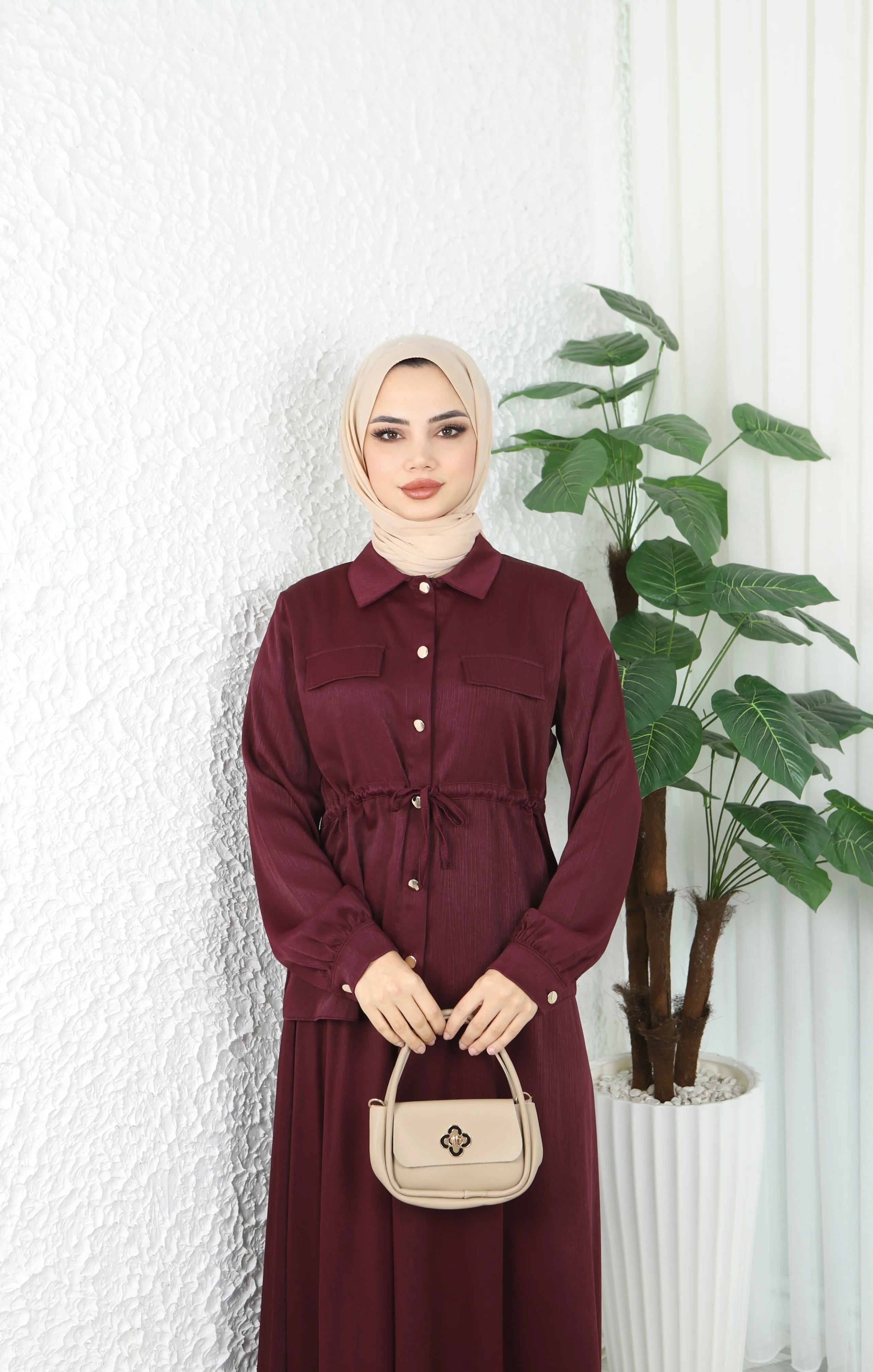 Beli Bağlamalı Etekli Krinkıl Astarlı Takım  - Kırmızı