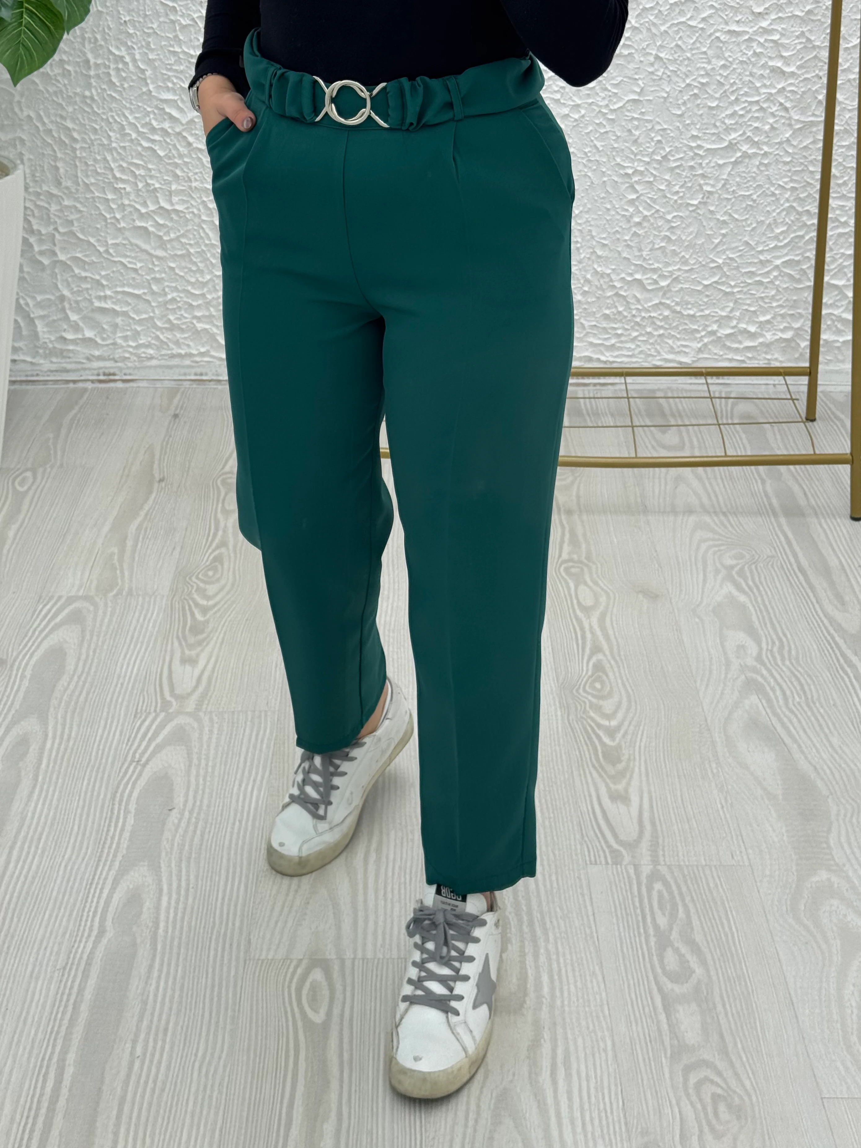 Double kumaş tokalı pantolon - yeşil