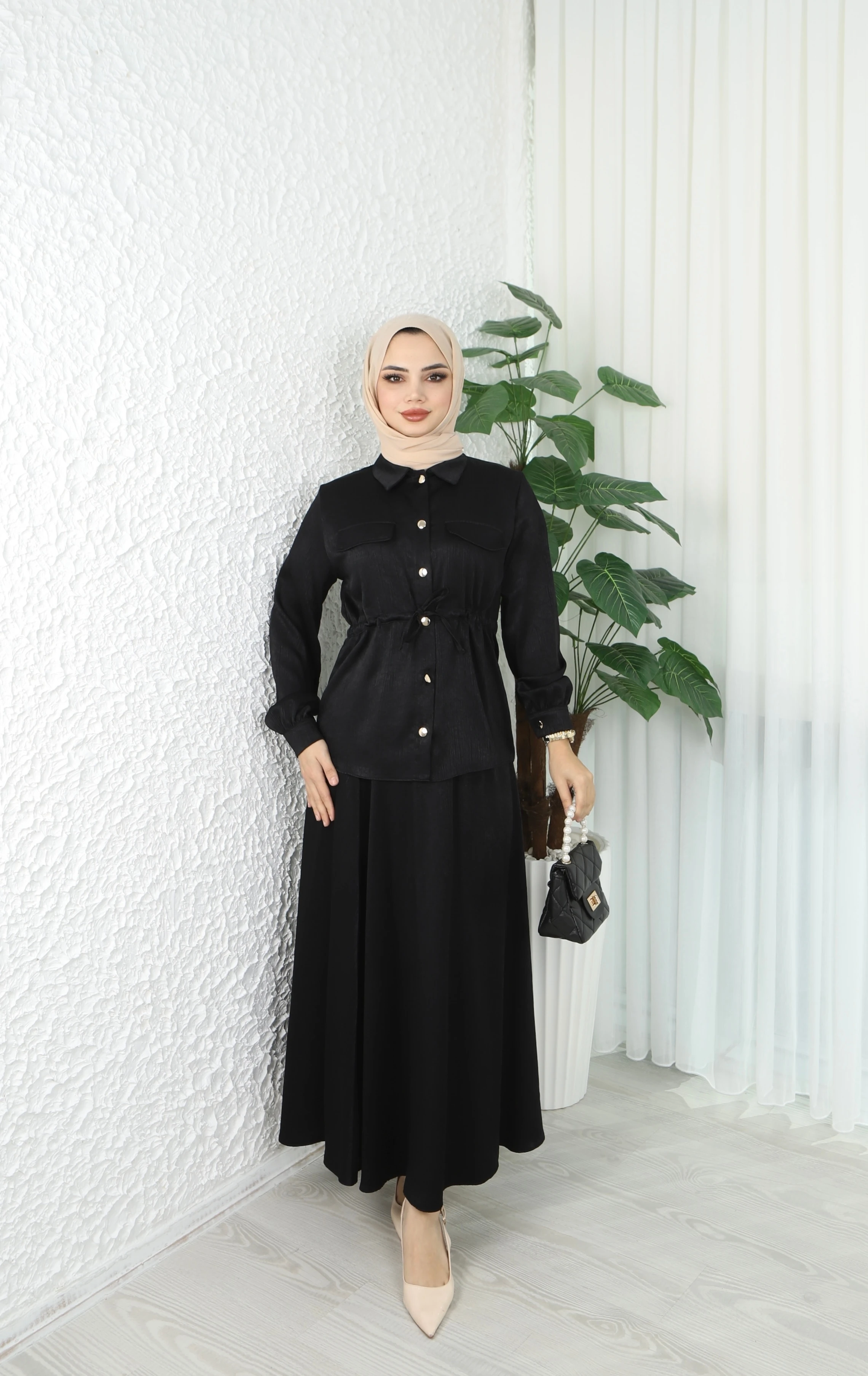 Beli Bağlamalı Etekli Krinkıl Astarlı Takım 