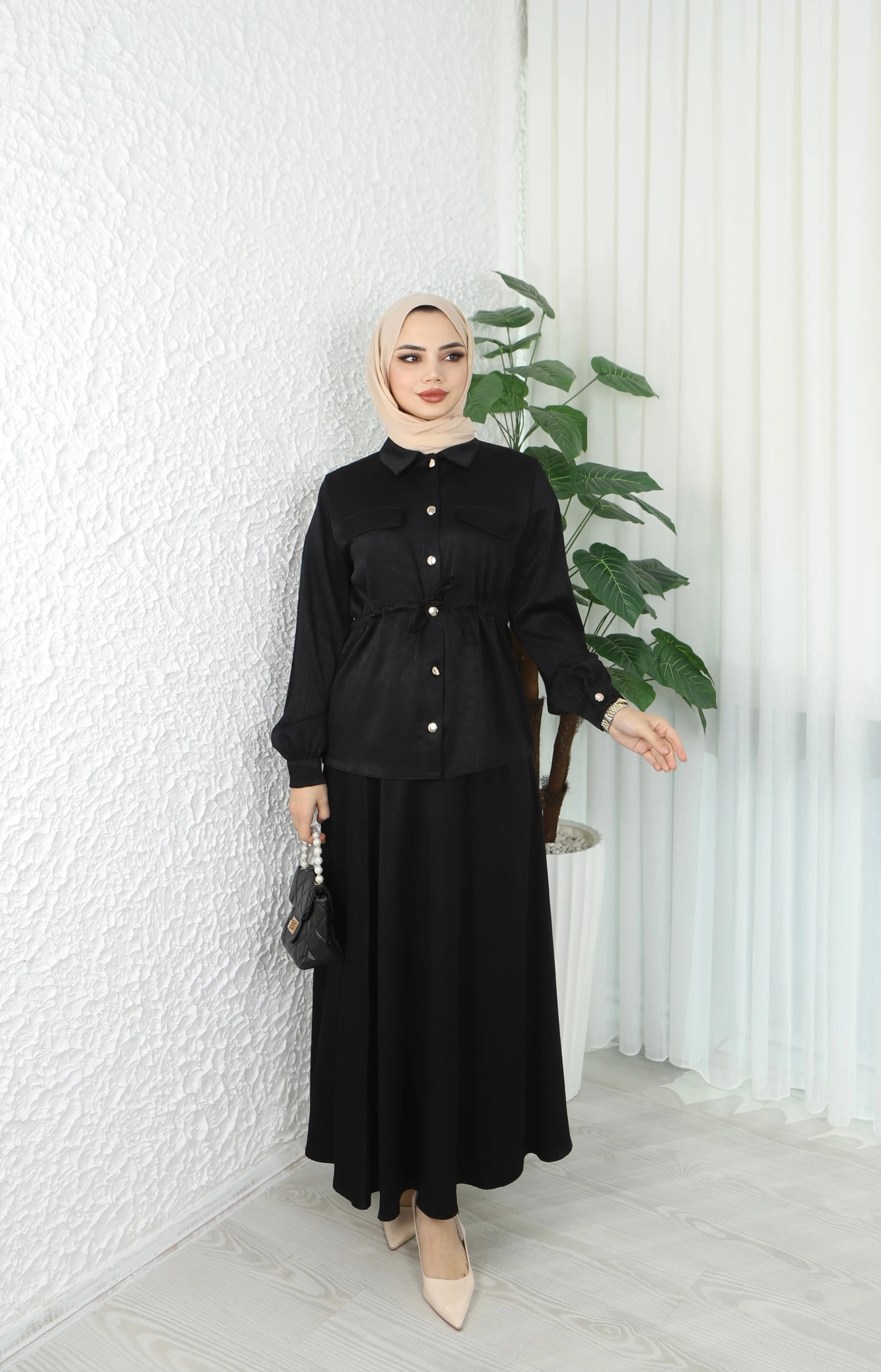 Beli Bağlamalı Etekli Krinkıl Astarlı Takım 