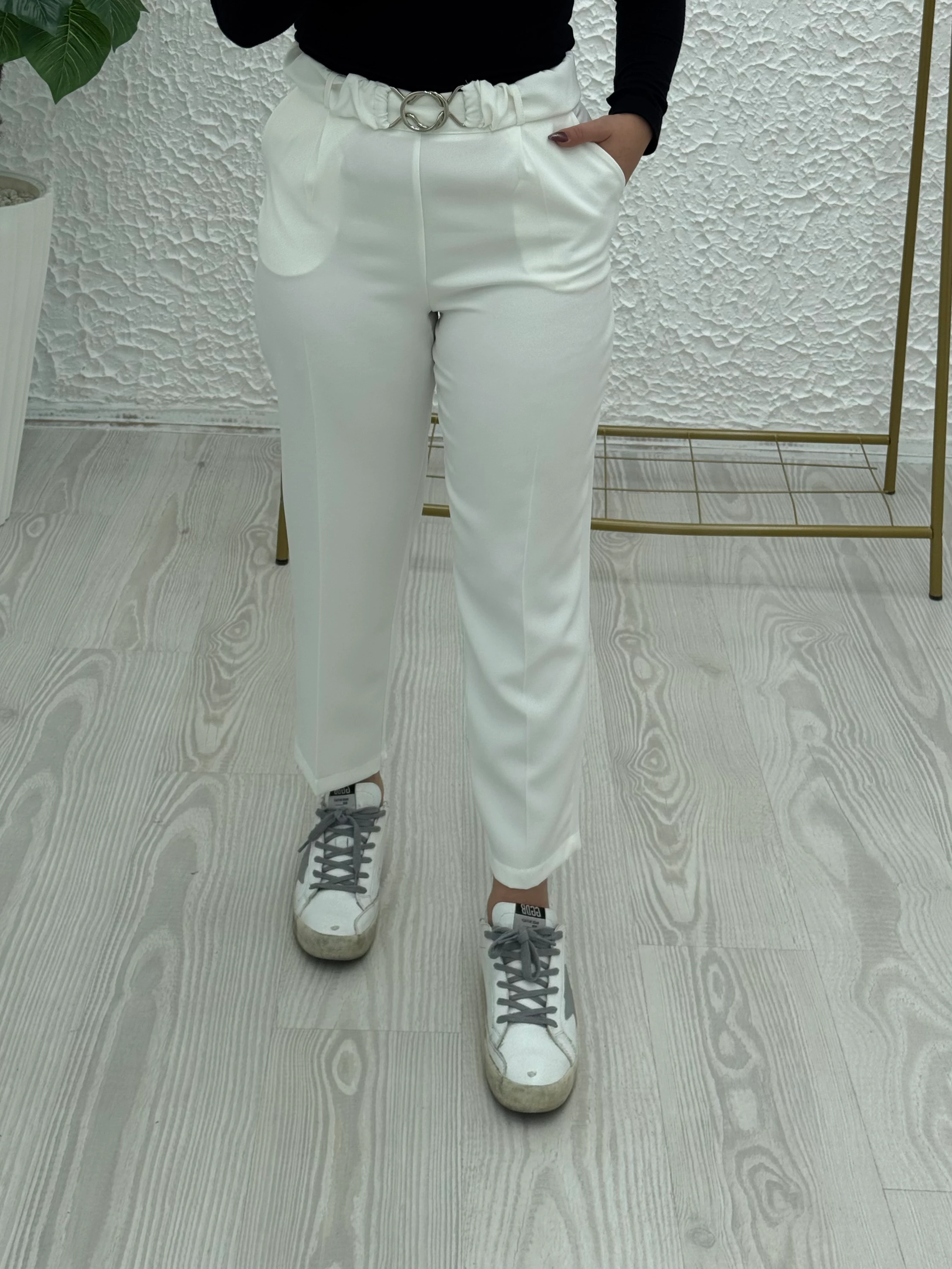 Double kumaş tokalı pantolon - Beyaz