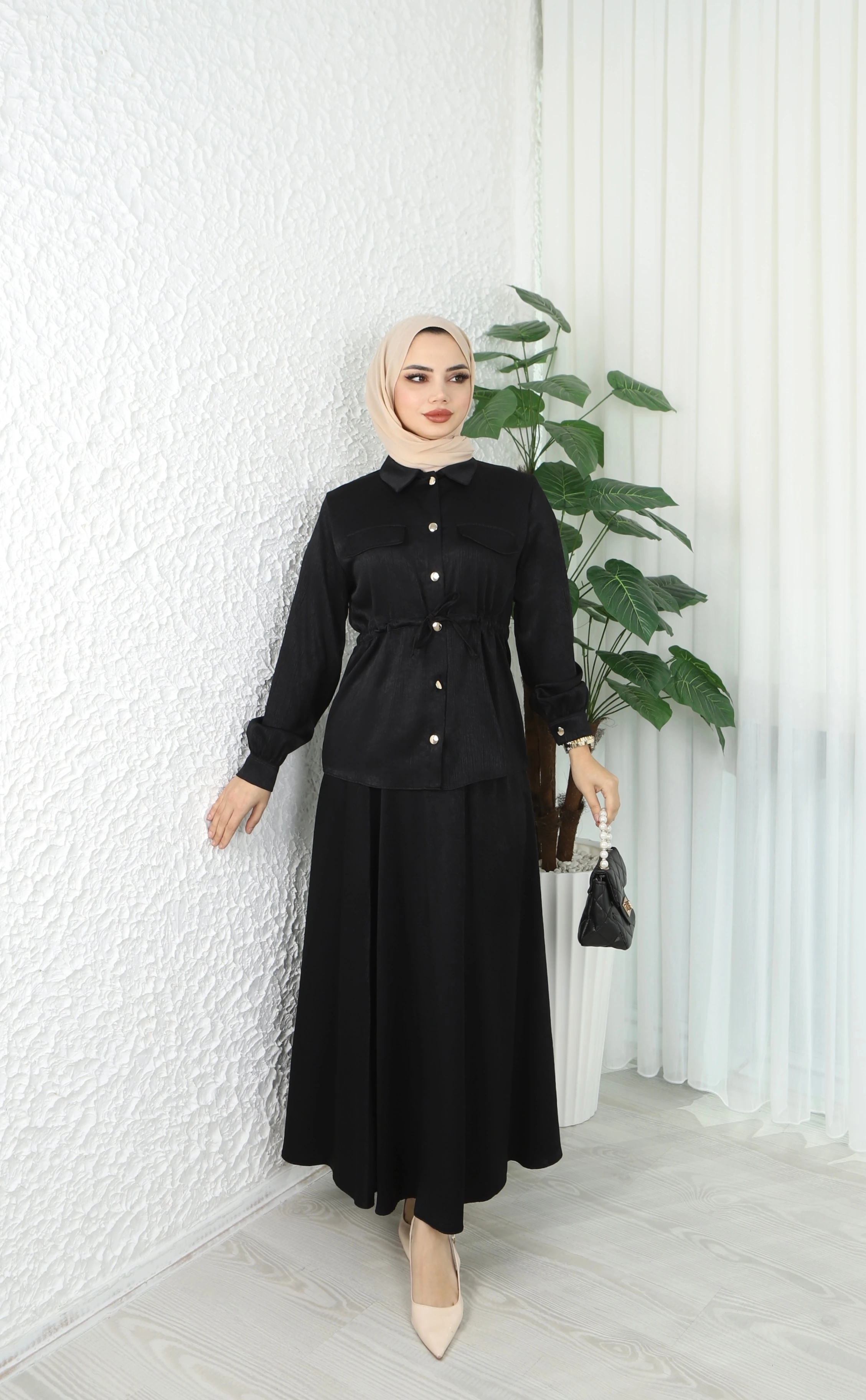 Beli Bağlamalı Etekli Krinkıl Astarlı Takım 