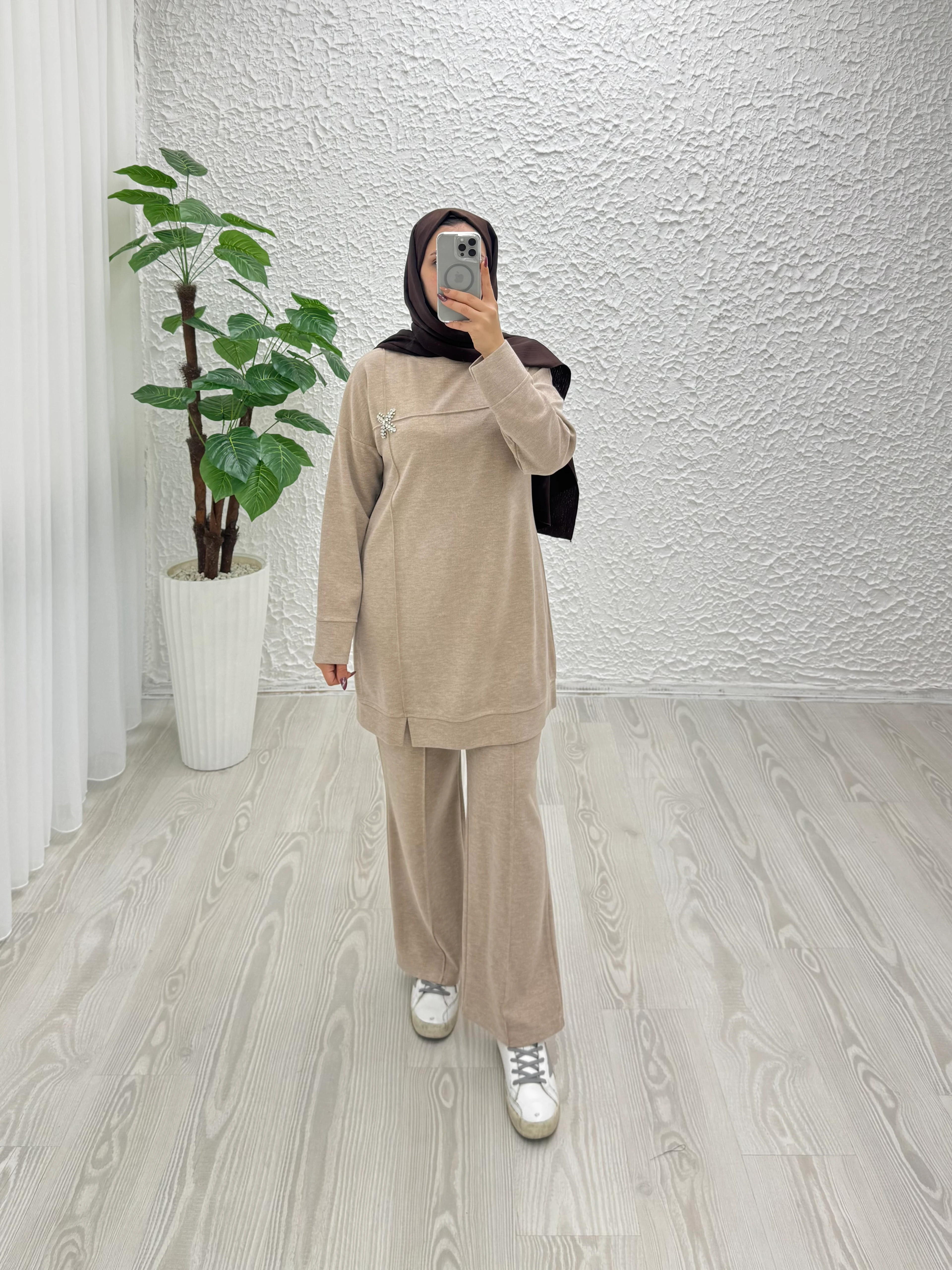 Rayonlu triko takım - krem