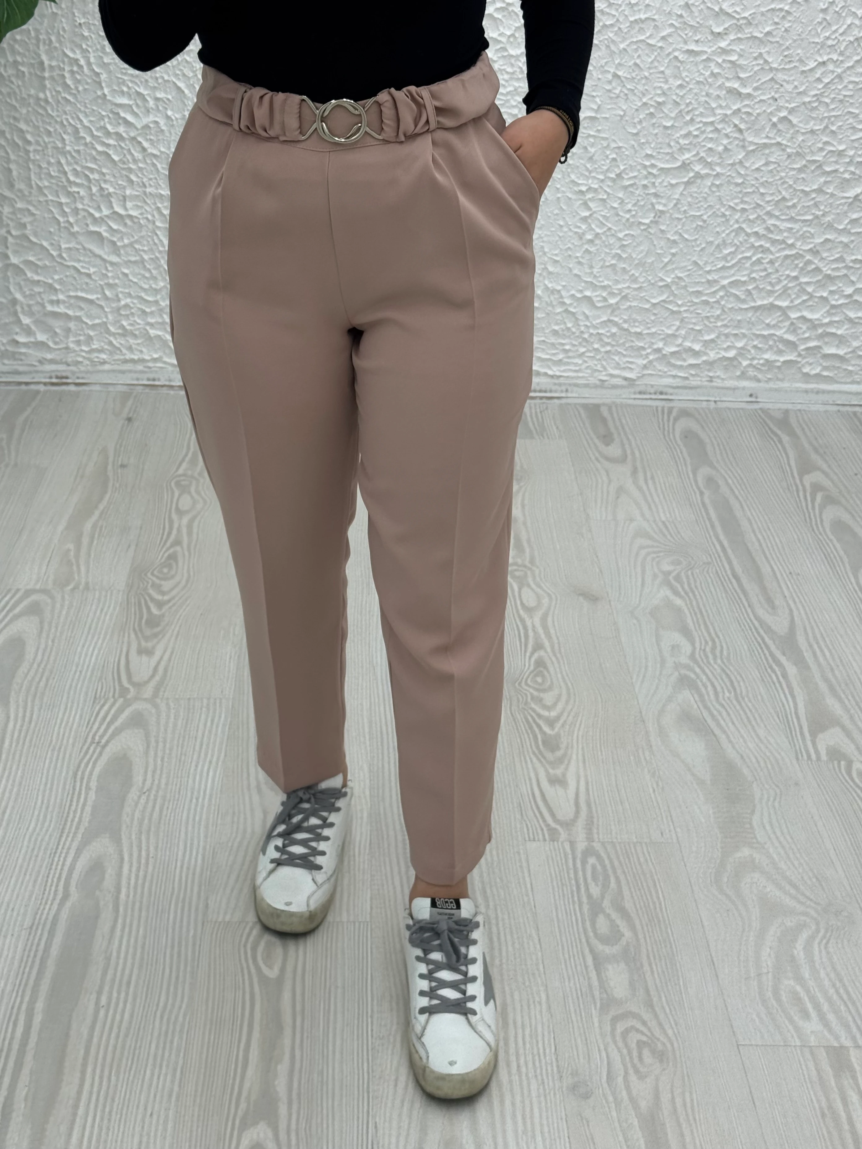 Double kumaş tokalı pantolon - vizon