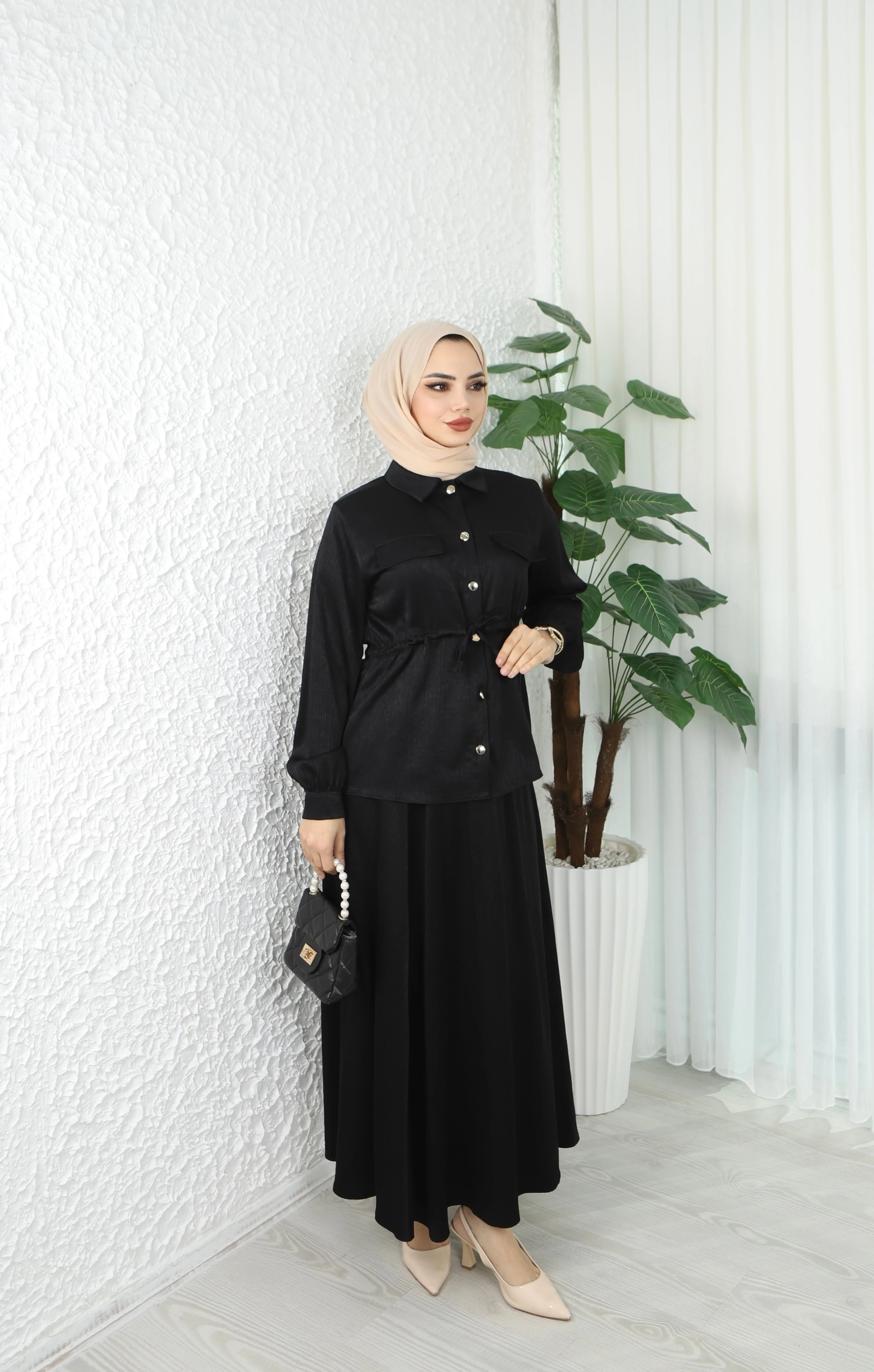 Beli Bağlamalı Etekli Krinkıl Astarlı Takım 