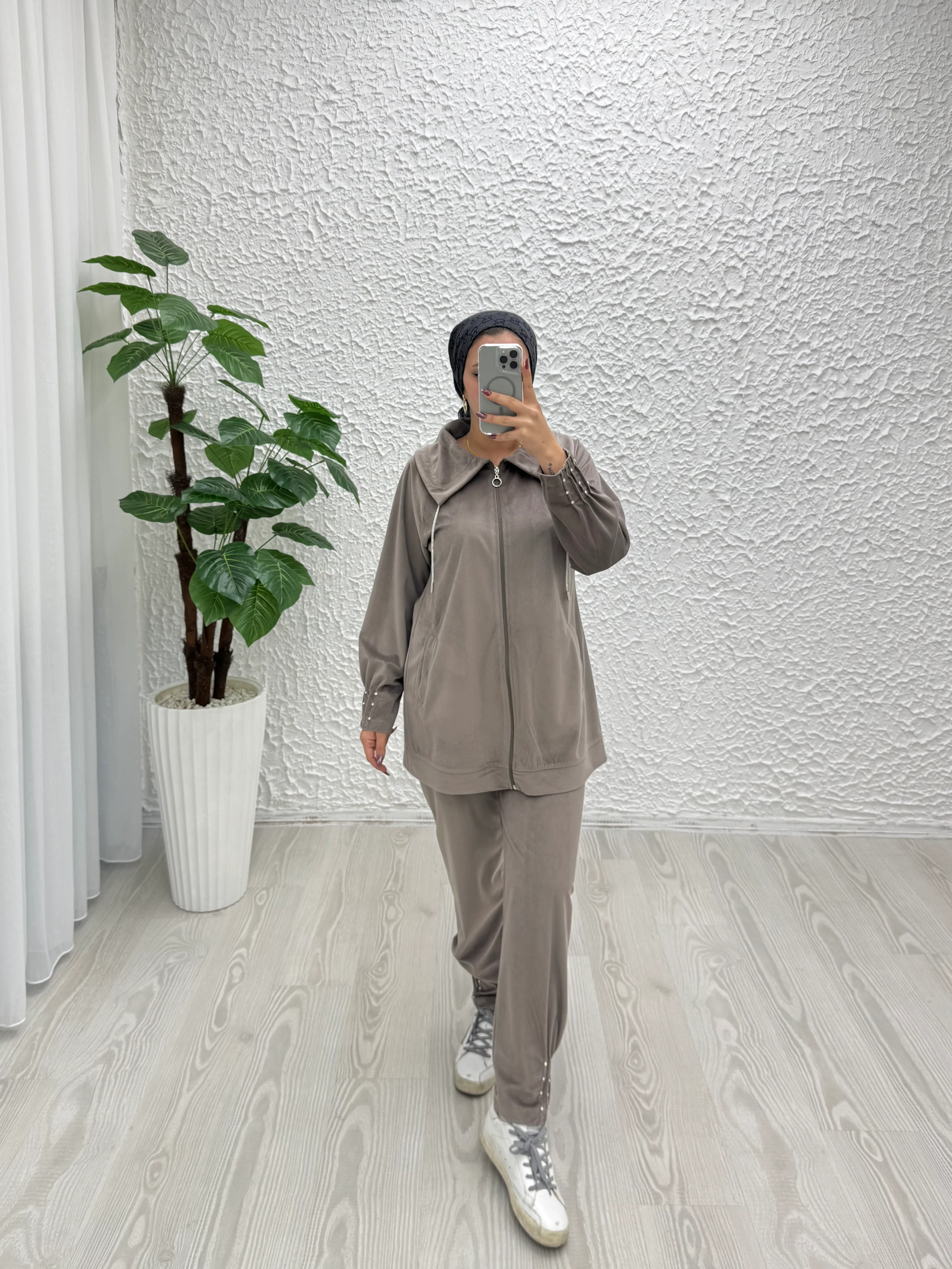 Rayonlu kadife şal yaka takım - vizon