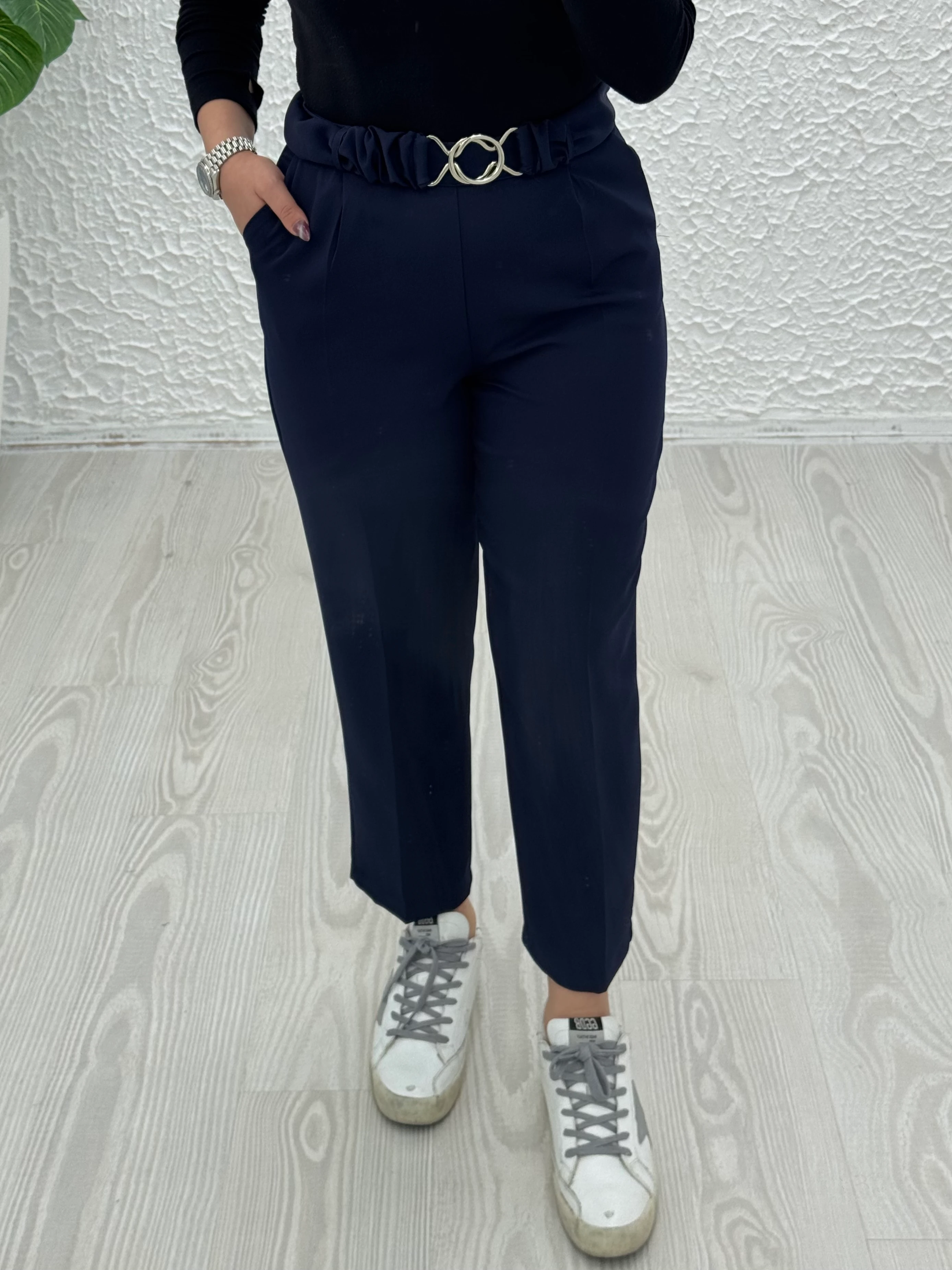 Double kumaş tokalı pantolon - Lacivert