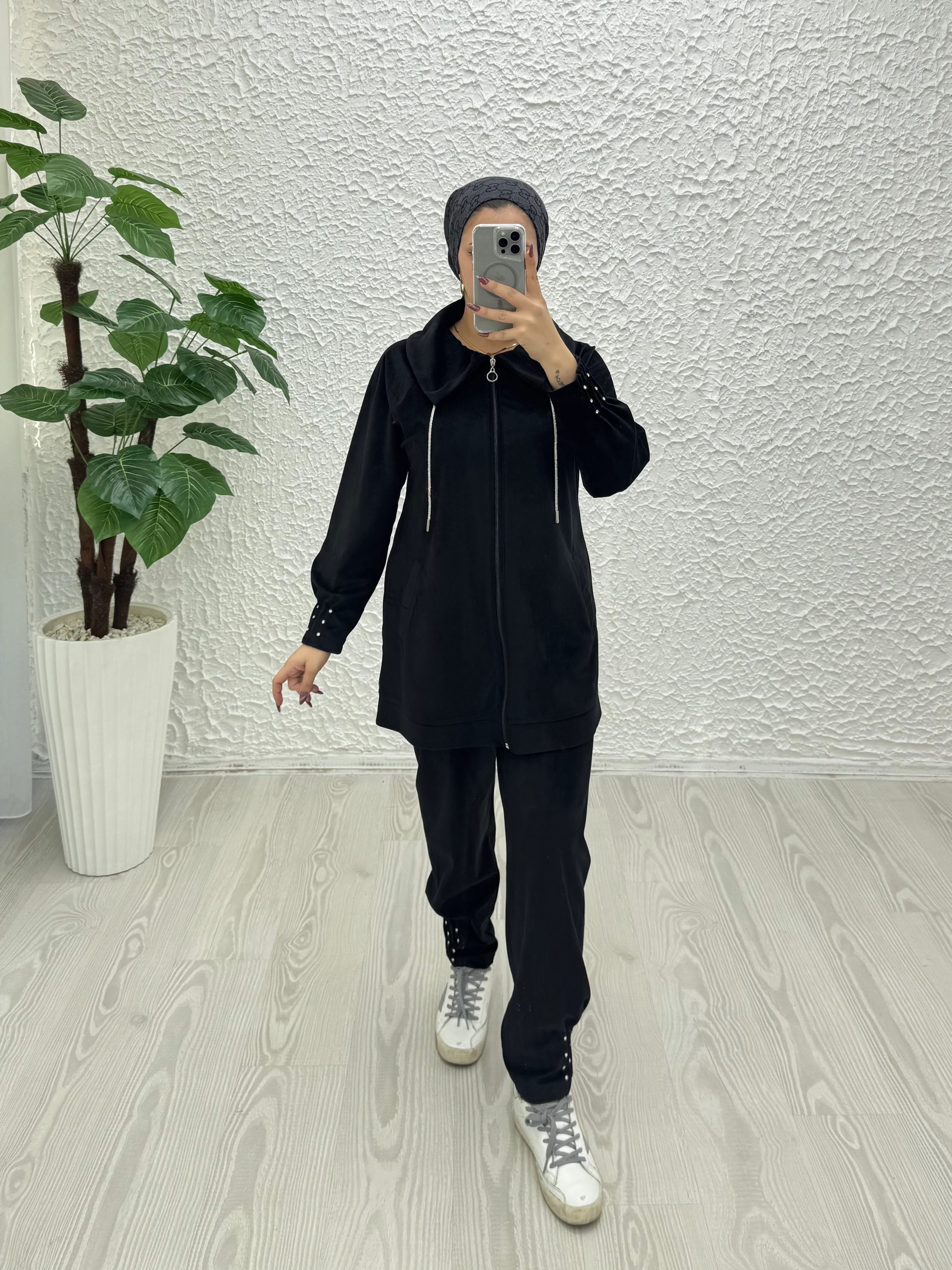 Rayonlu kadife şal yaka takım - Siyah