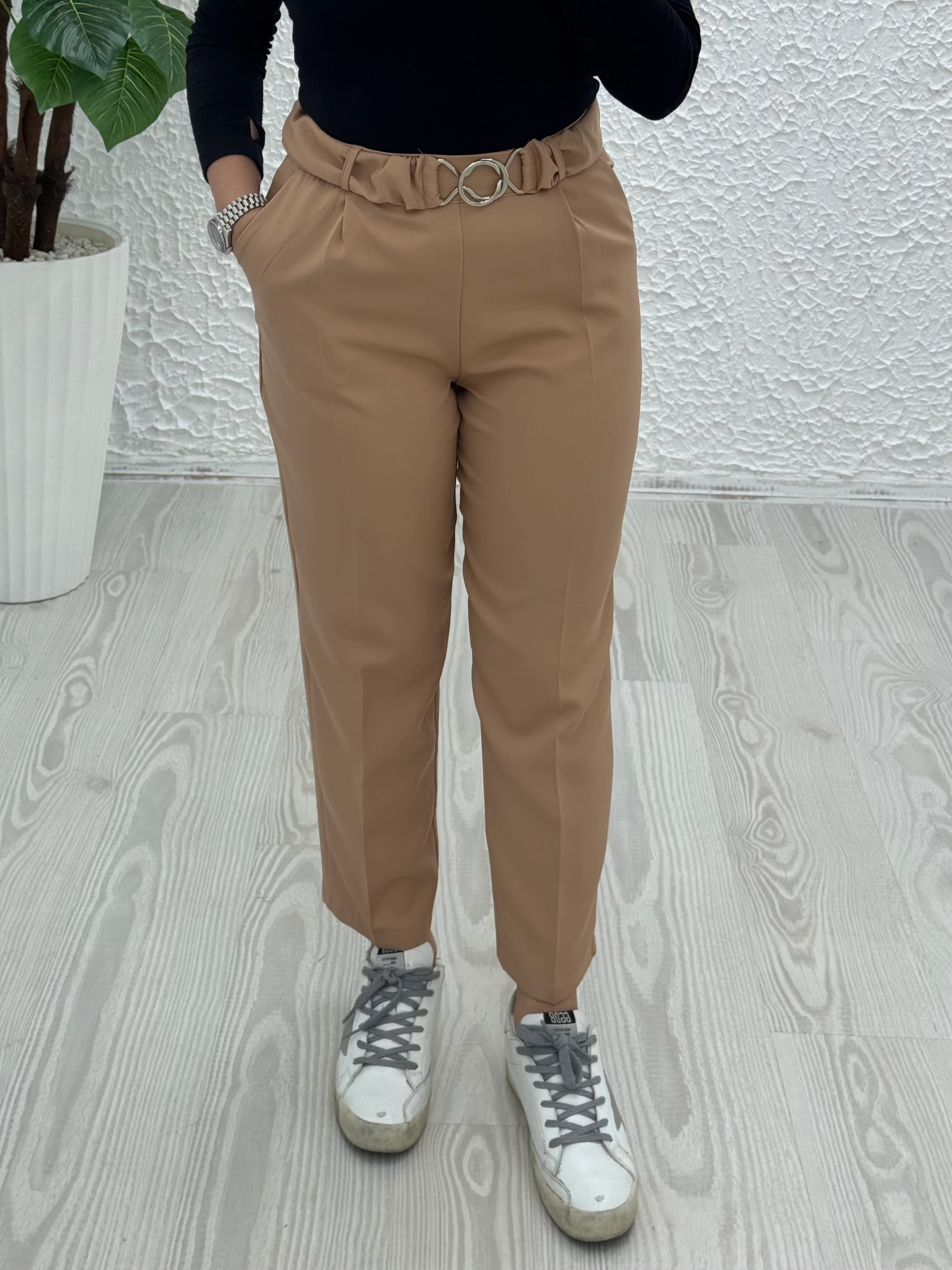 Double kumaş tokalı pantolon - Kamel