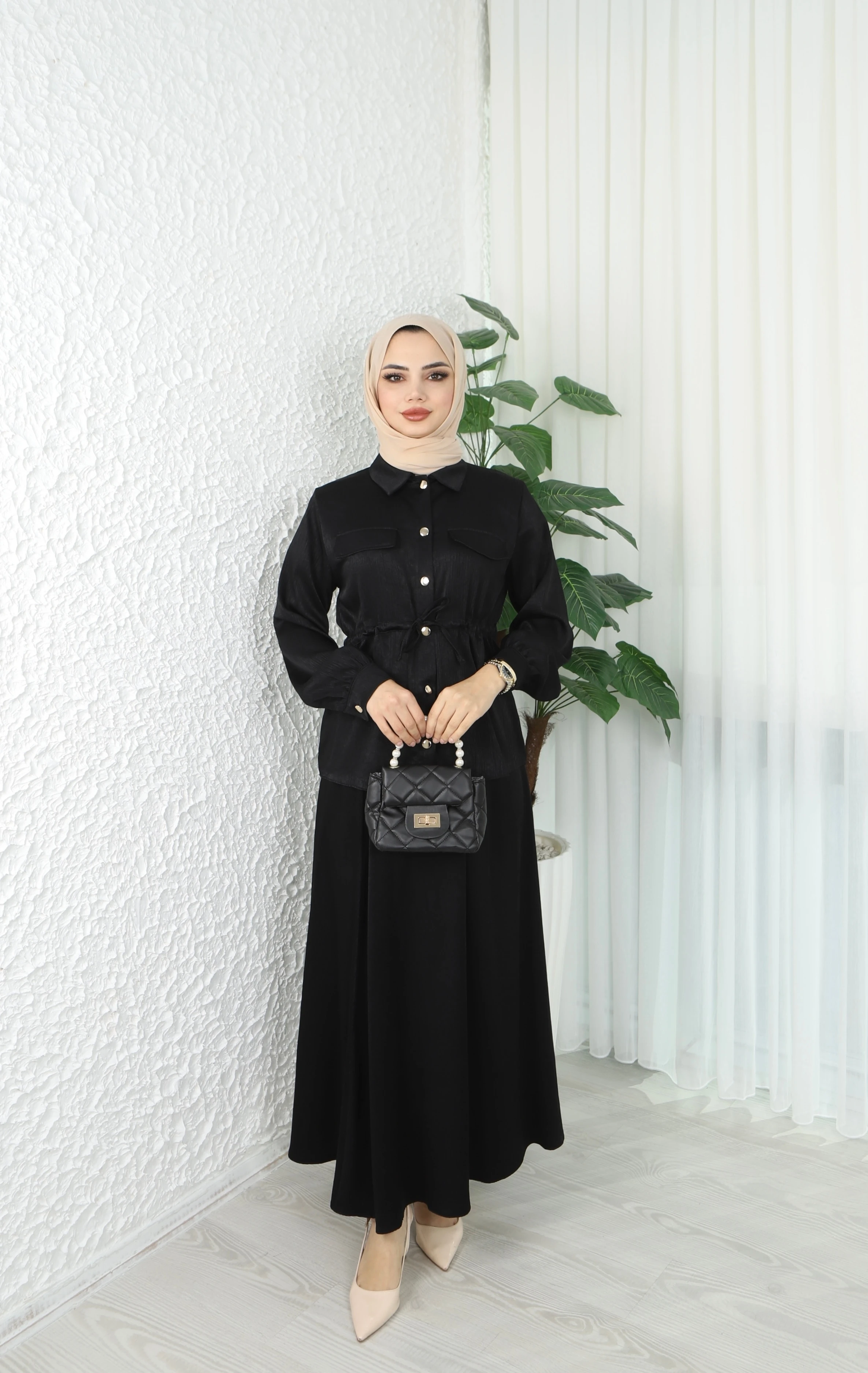 Beli Bağlamalı Etekli Krinkıl Astarlı Takım 