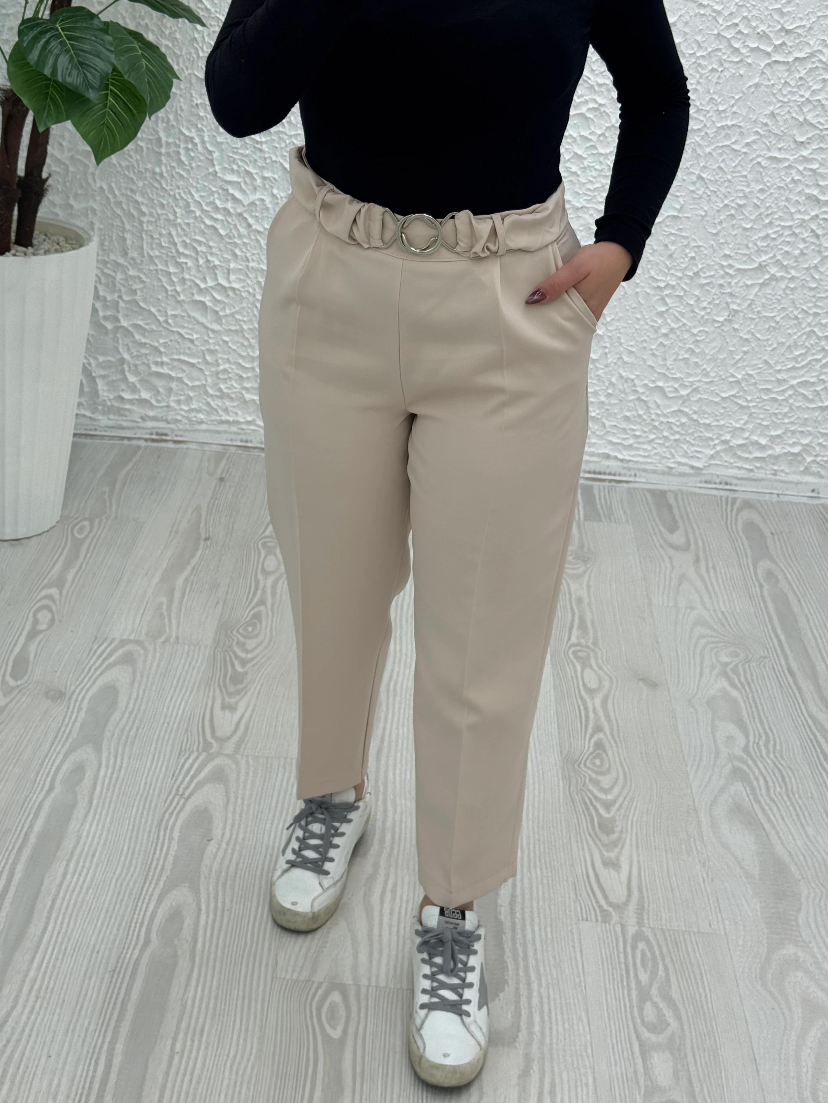 Double kumaş tokalı pantolon - krem