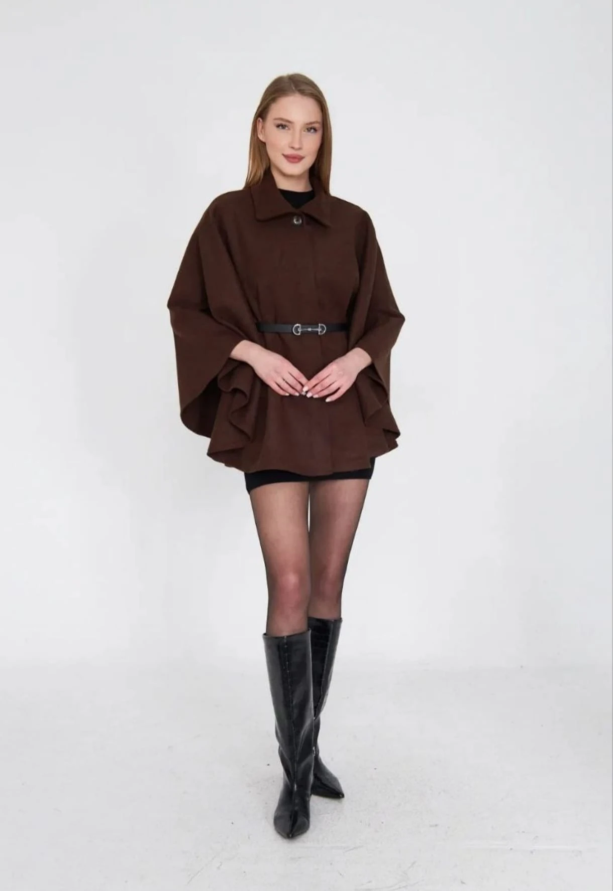 Acı Kahve Tek Düğmeli Kemerli Panço