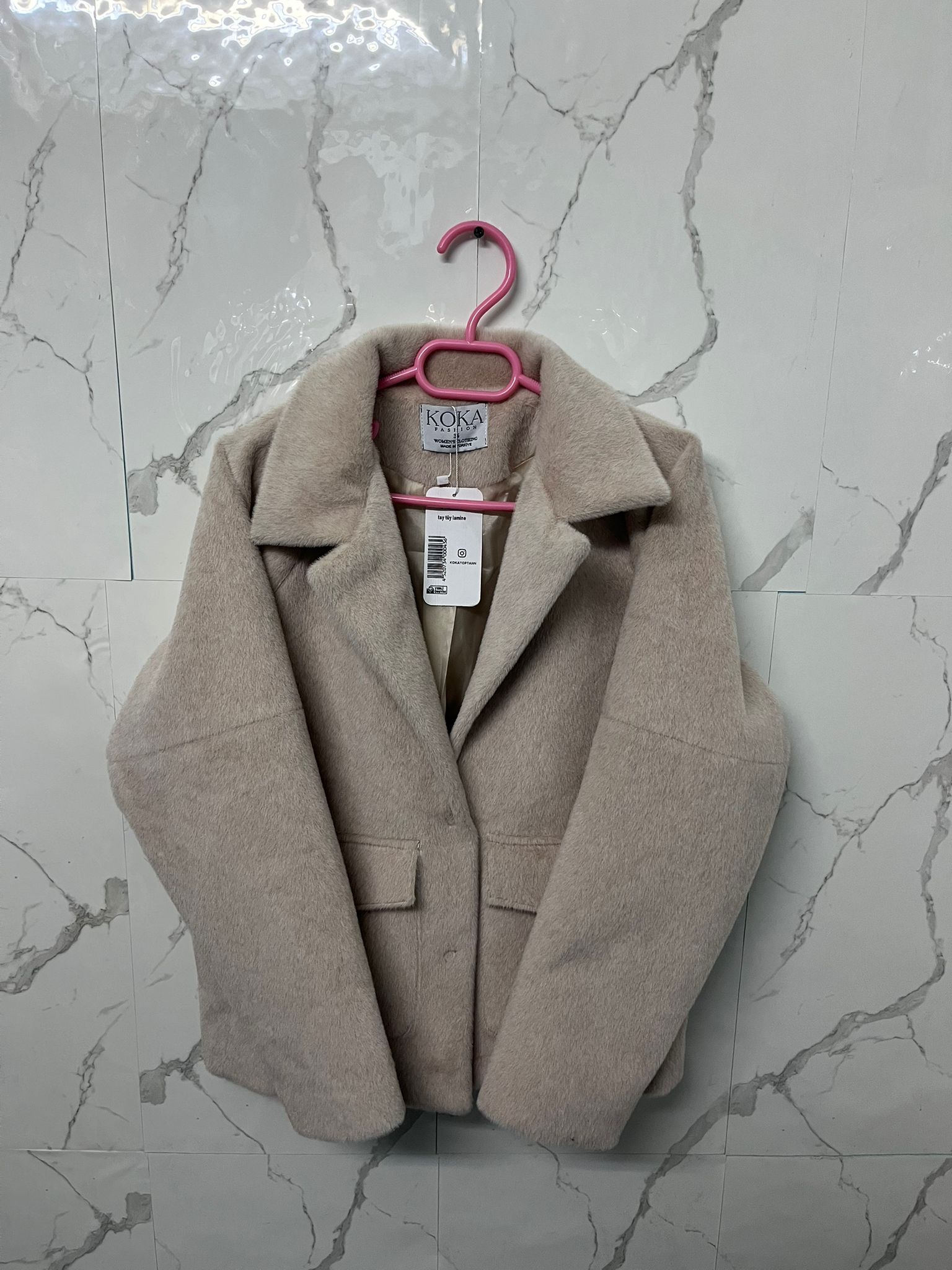 Premıum Ekru Kapaklı Tay Tüyü Ceket 