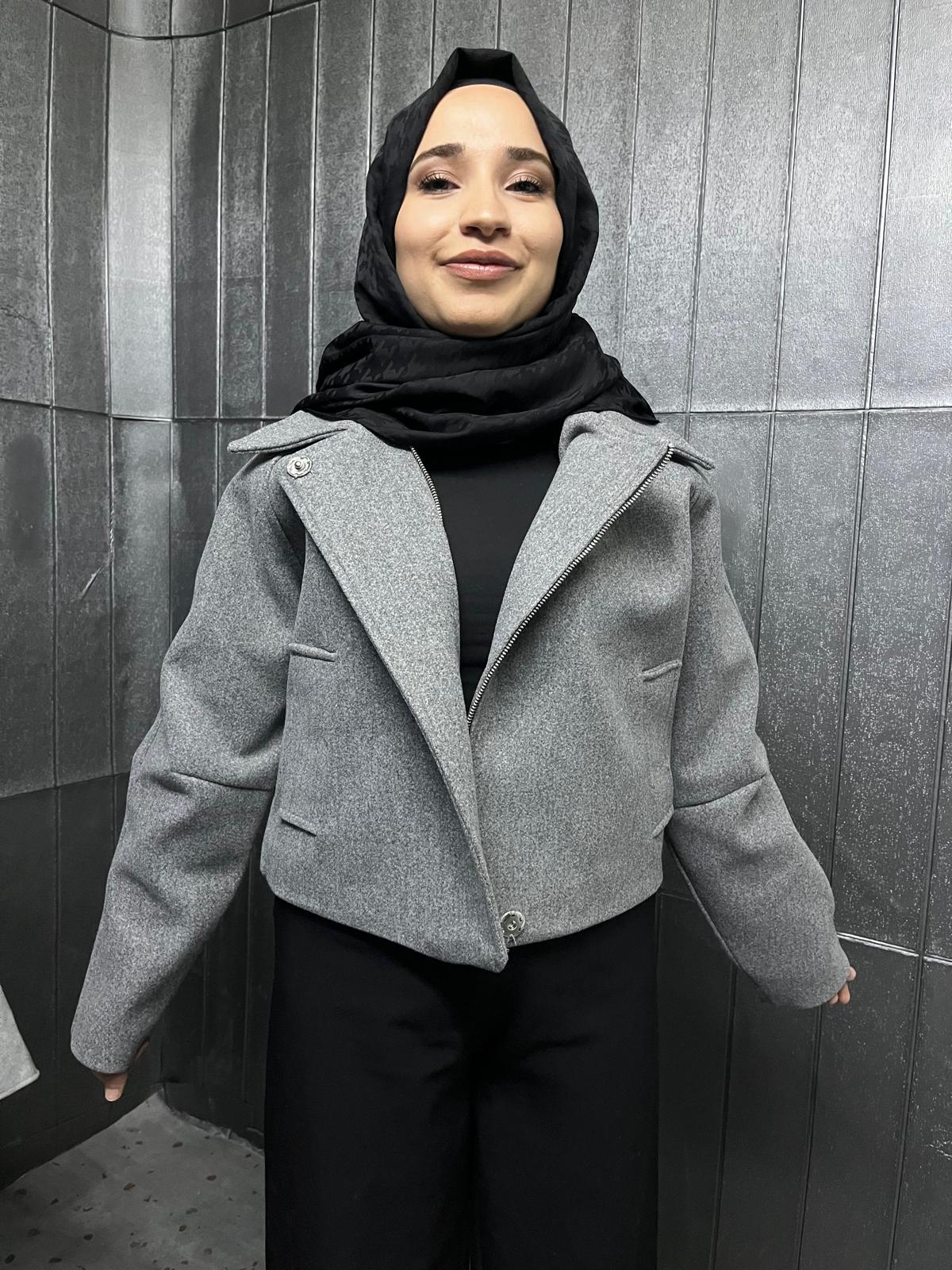 Fermuarlı Gri Renk Crop Ceket