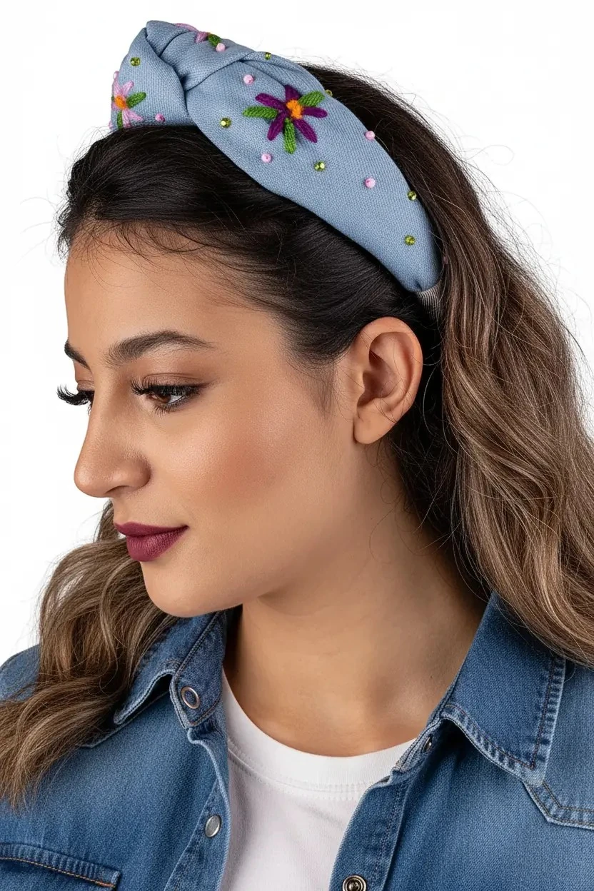 Mavi Bahçe – El İşlemeli Kot Düğüm Taç