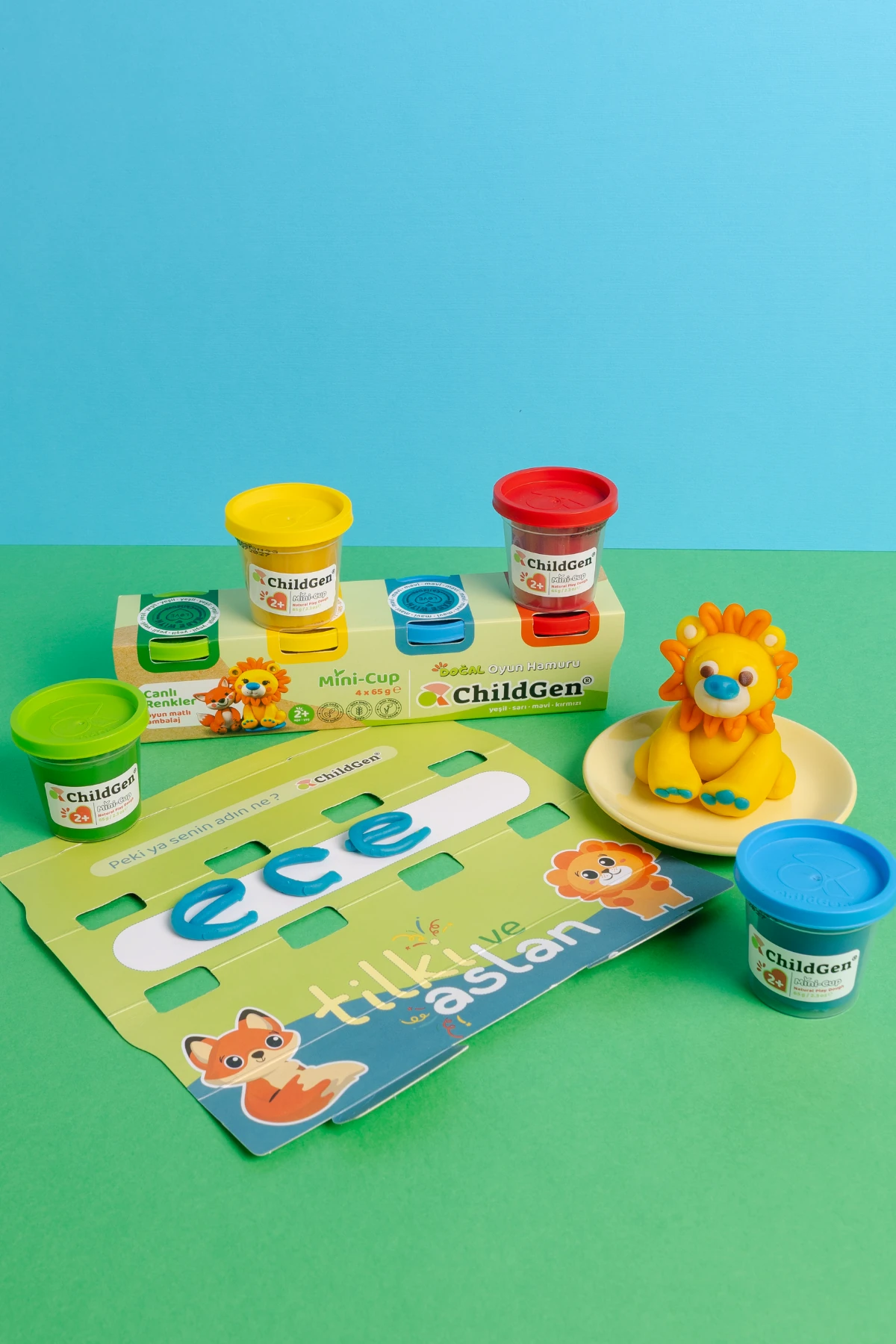ChildGen Doğal Oyun Hamuru - Mini-Cup Tilki ve Aslan 4x65gr (Ana Renkler)