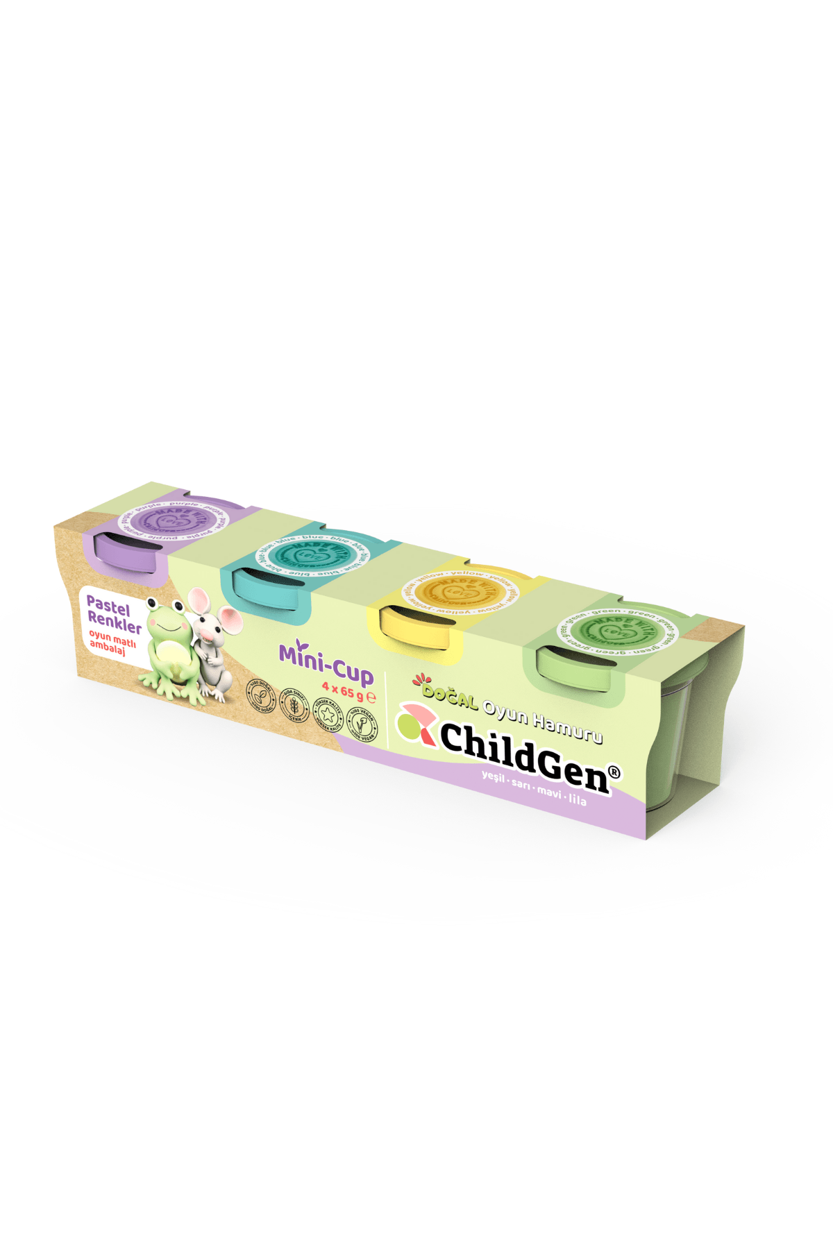 ChildGen Doğal Oyun Hamuru - Mini-Cup Kurbağa ve Fare 4x65gr (Pastel Renkler)