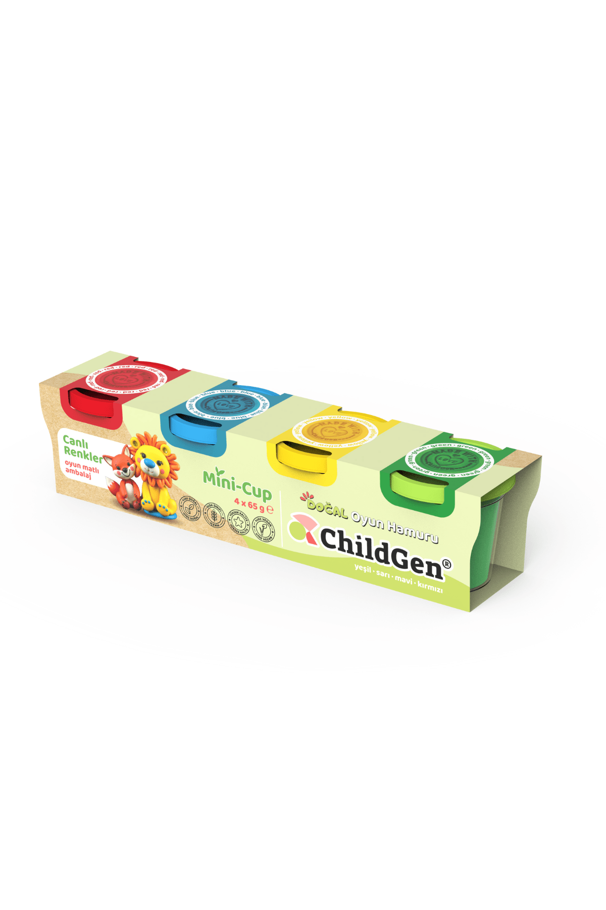 ChildGen Doğal Oyun Hamuru - Mini-Cup Tilki ve Aslan 4x65gr (Ana Renkler)