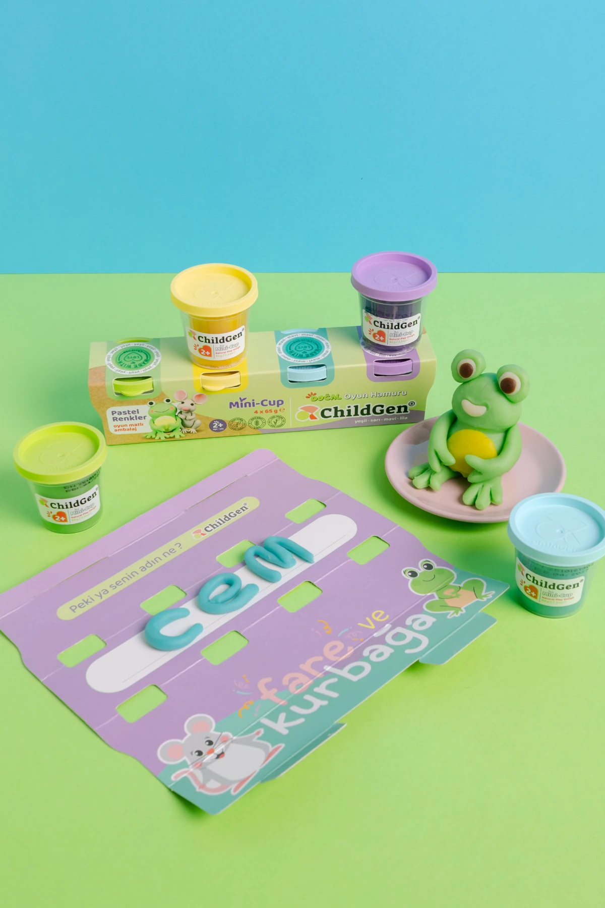 ChildGen Doğal Oyun Hamuru - Mini-Cup Kurbağa ve Fare 4x65gr (Pastel Renkler)