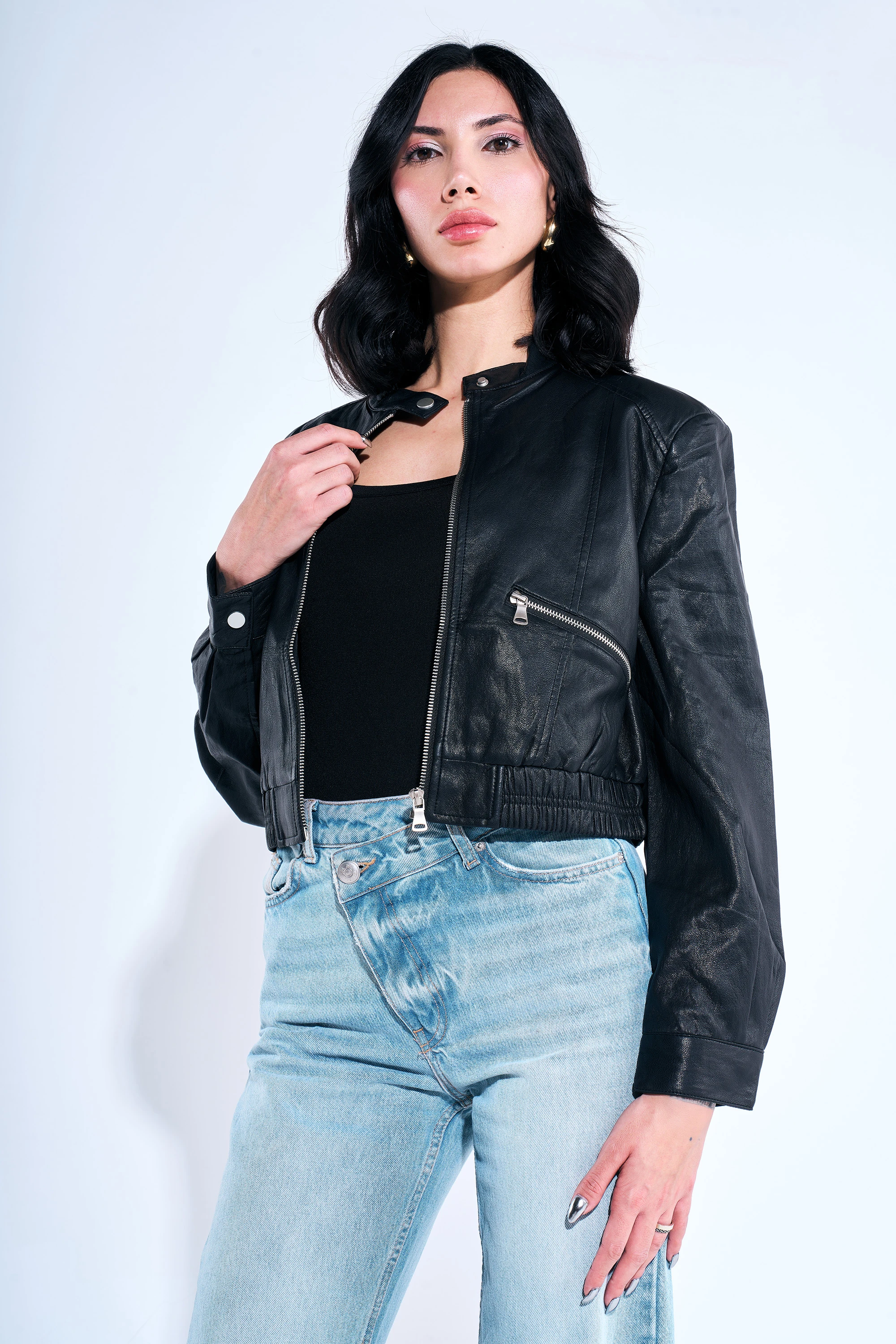Fermuar Detaylı Deri Biker Ceket