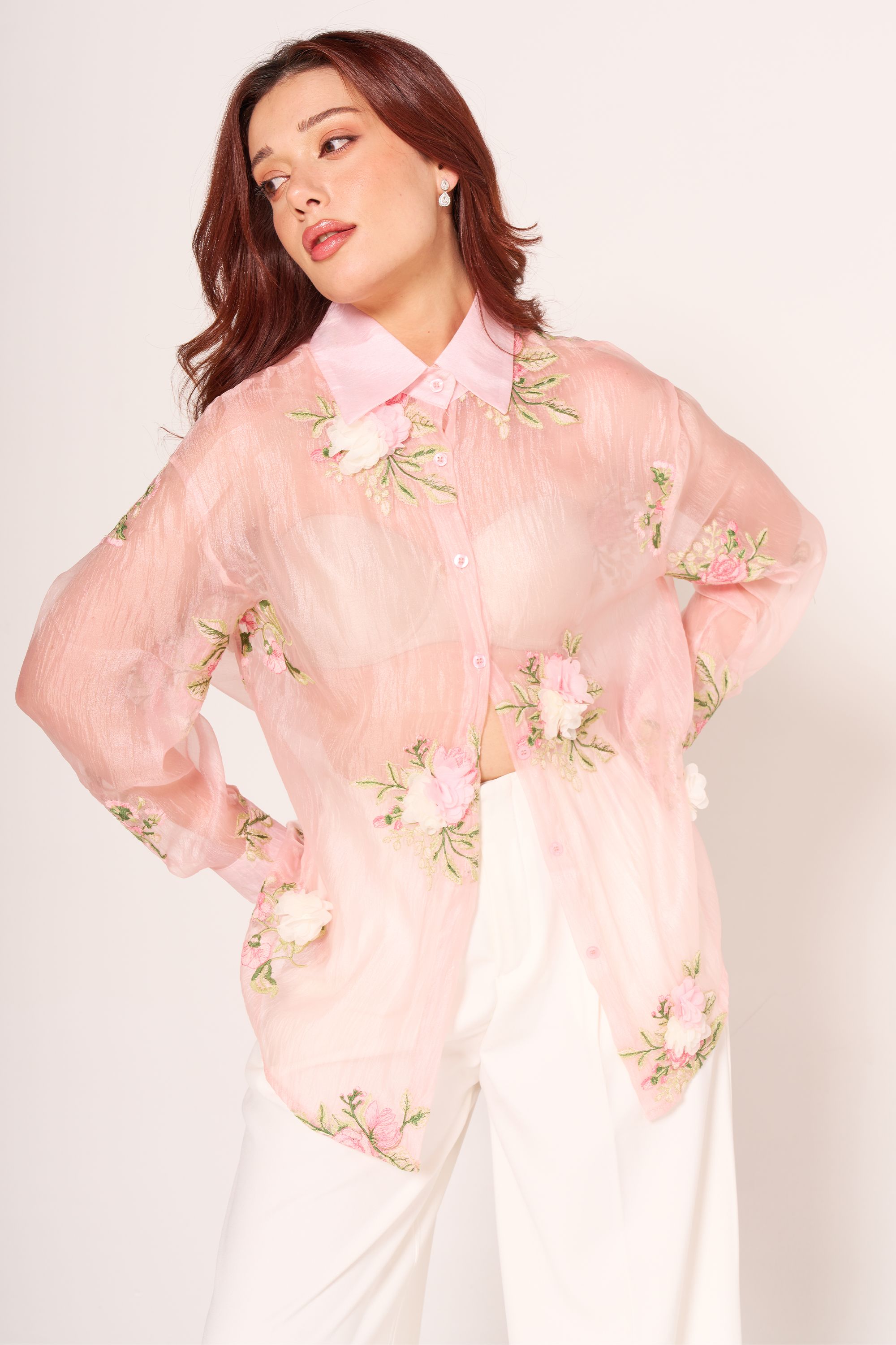 Floral Detaylı Tül Gömlek