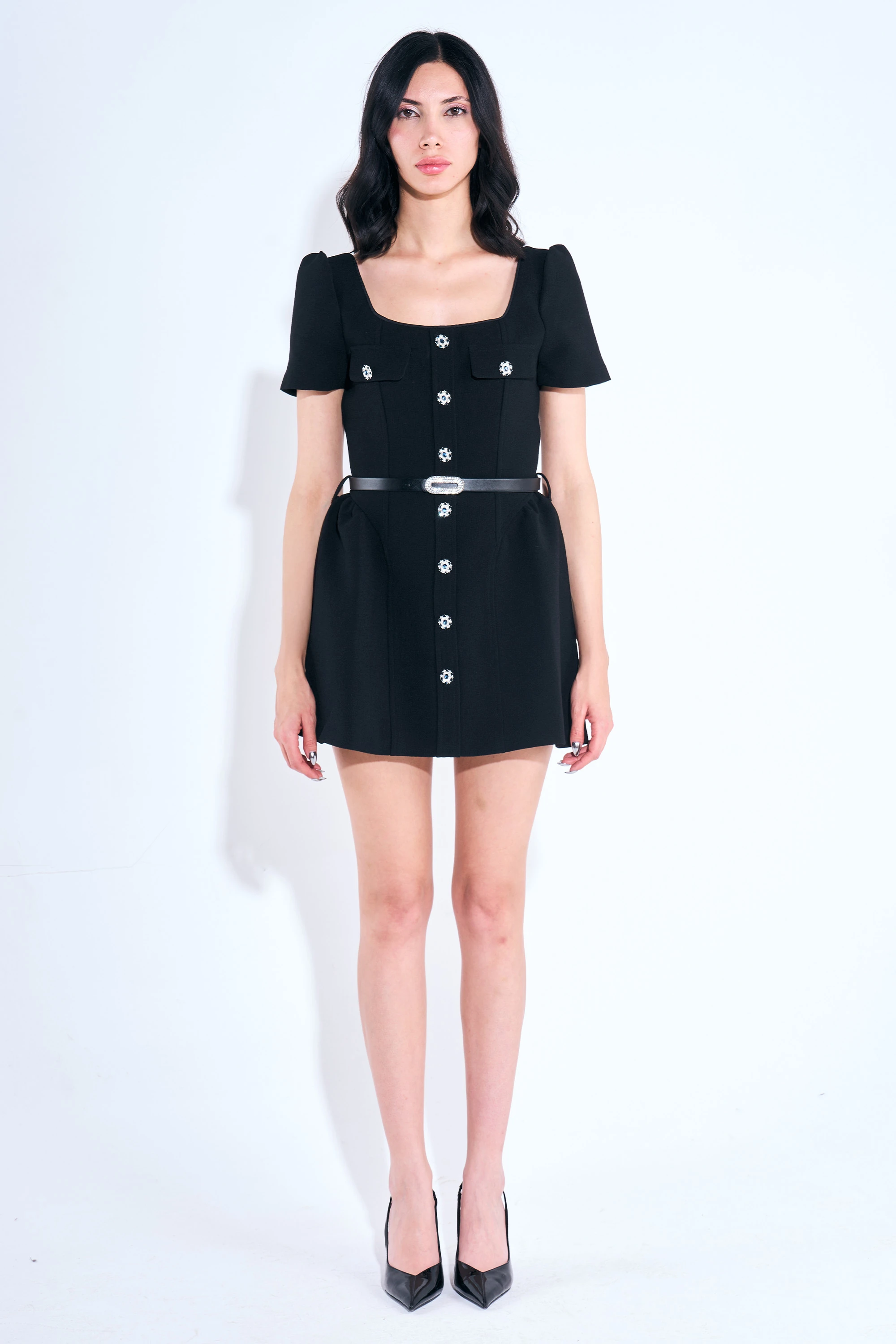 Taşlı Kemerli Yarım Kol Mini Elbise