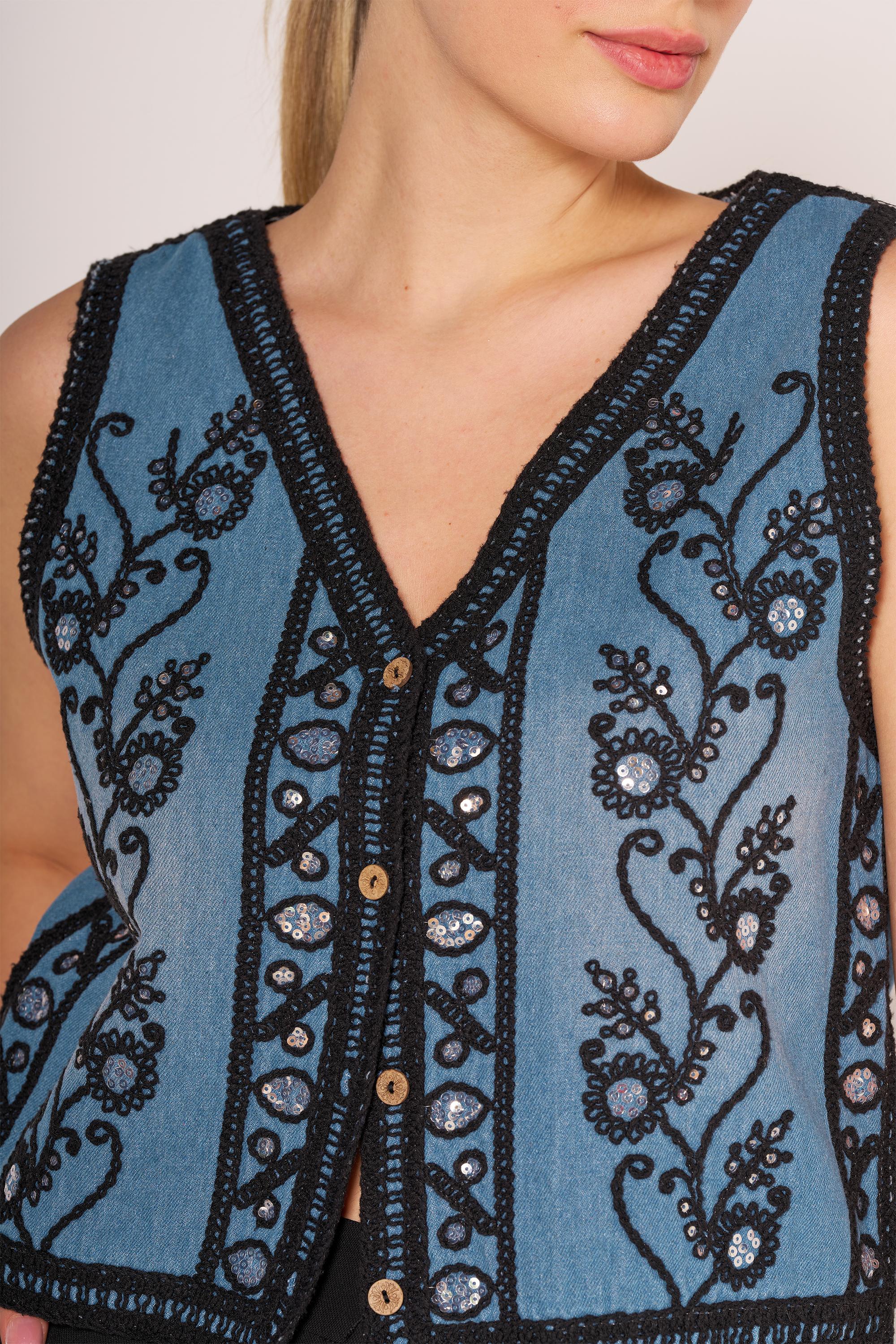 İşleme Detaylı Etnik Denim Yelek