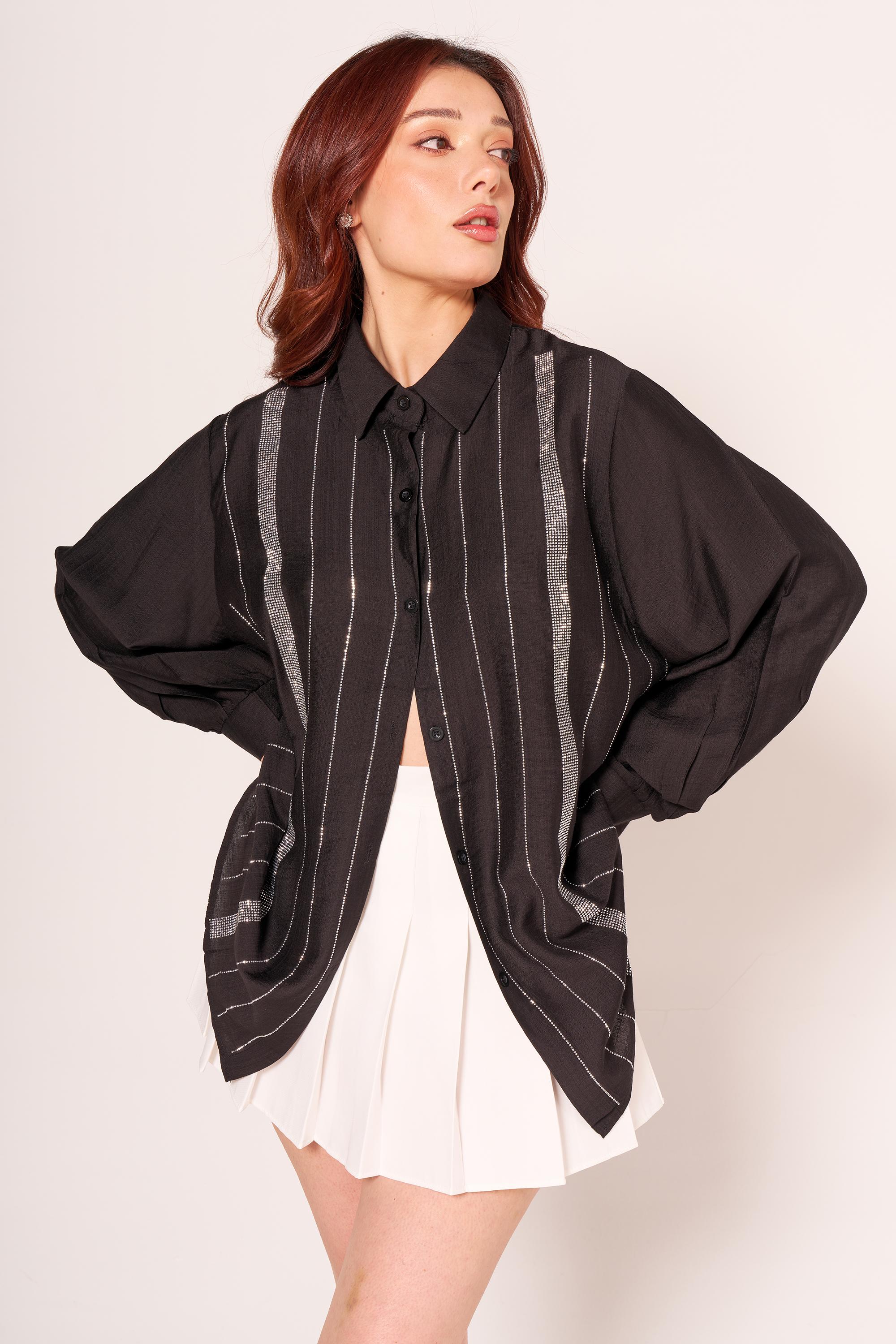 Şerit Taş Baskılı Oversize Gömlek
