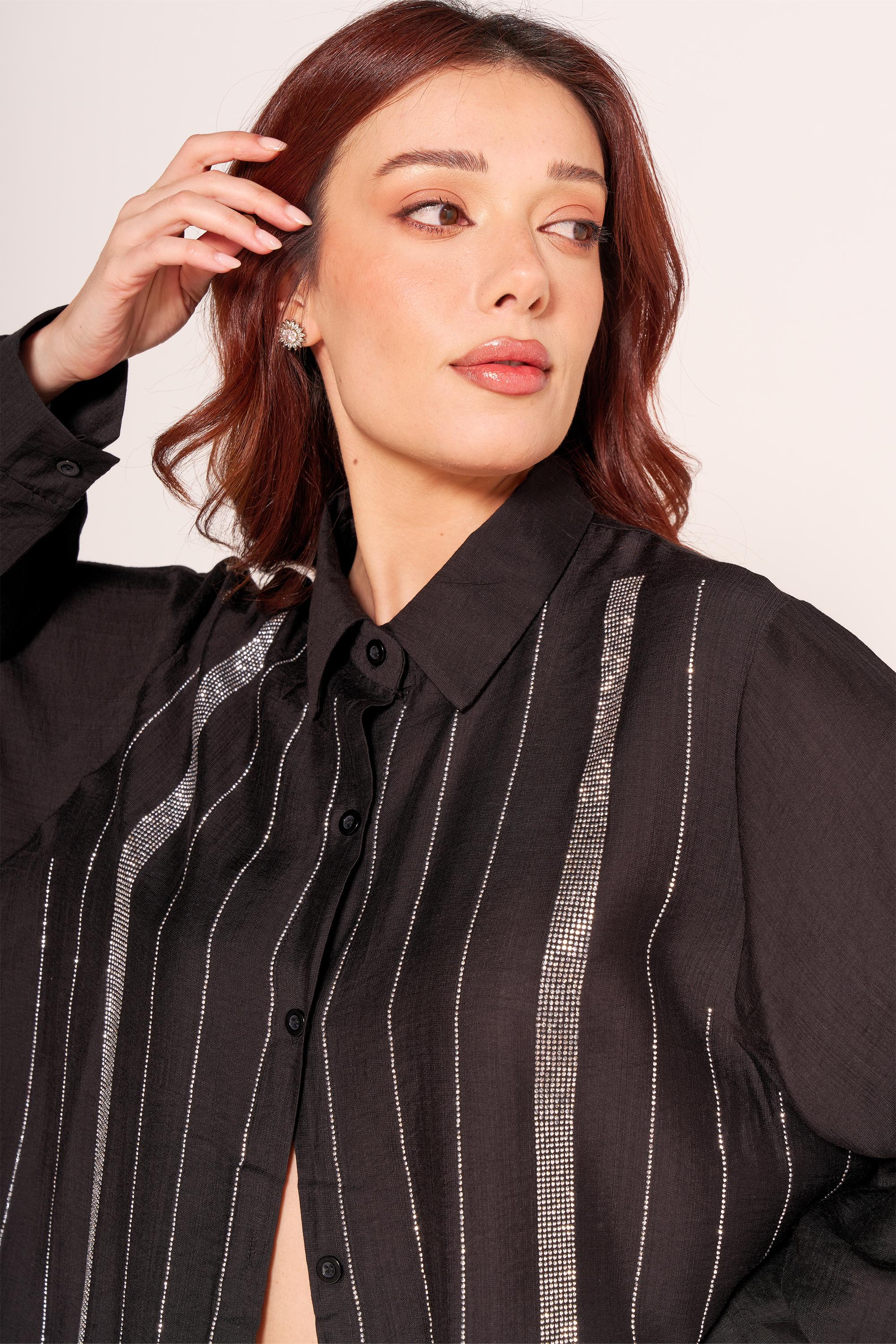 Şerit Taş Baskılı Oversize Gömlek